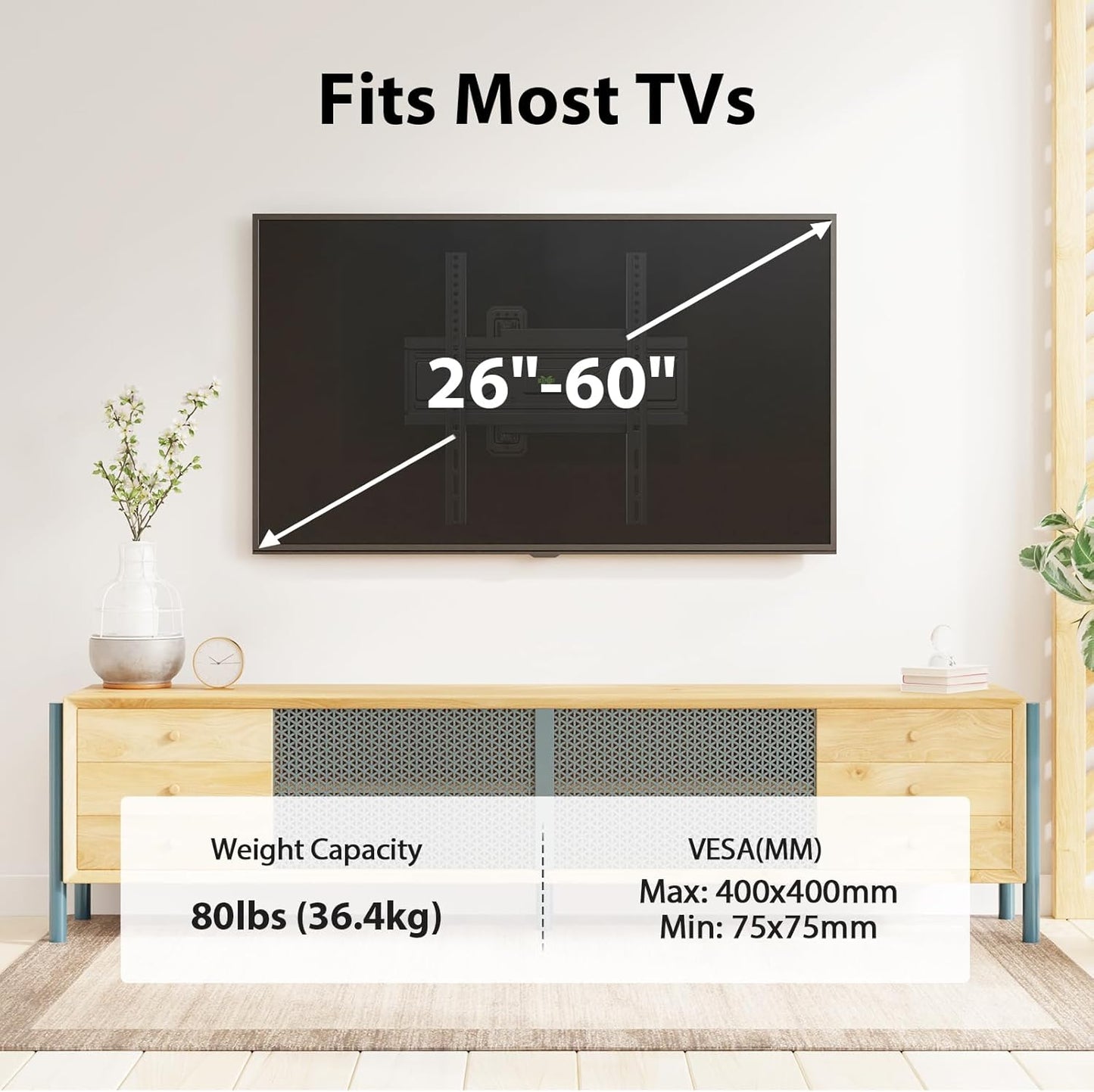 26-60 Inch 80 lbs, 400x400mm USX MOUNT Swivel TV Wall Mount for TVs up to Single Articulating Arm, Full Motion TV Wall