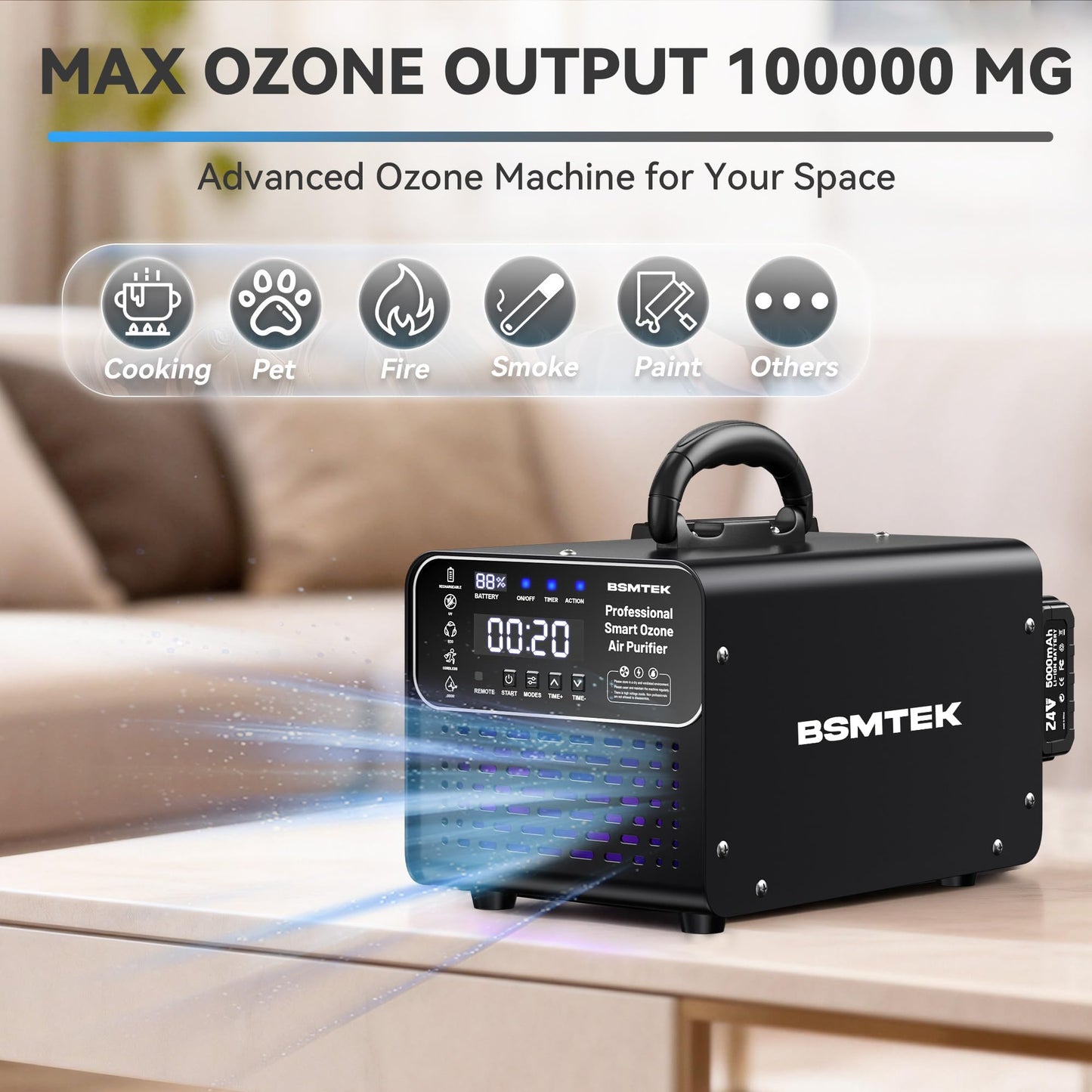 Cordless Ozone Generator - 1,000,000mg/h Professional Grade Covers 10000 Sq-Ft+, 2026 Upgraded Portable Deisgn with 2x 5000mAh Battery for 8-10 Hours Use, With Remote Control, Black