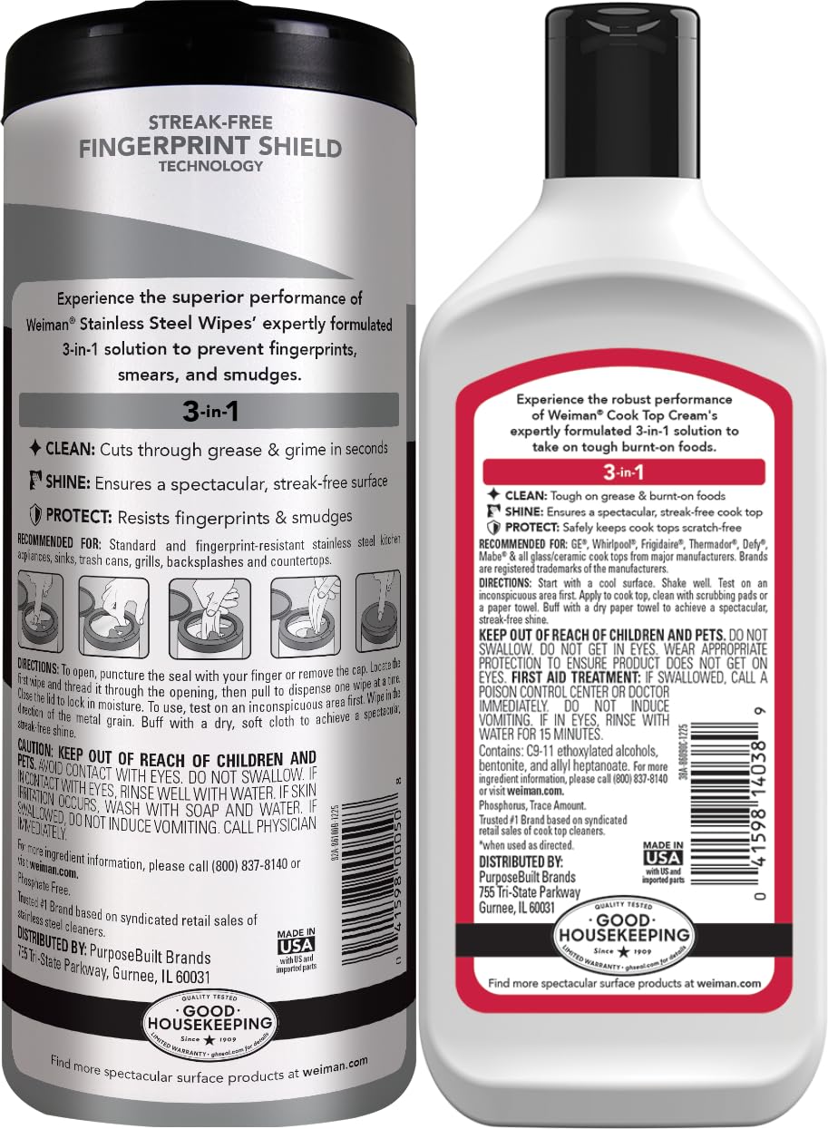 Weiman Heavy Duty Cooktop Polish & Stainless Steel Wipes - Powerful Appliance Kitchen Cleaning Kit - Packaging May Vary