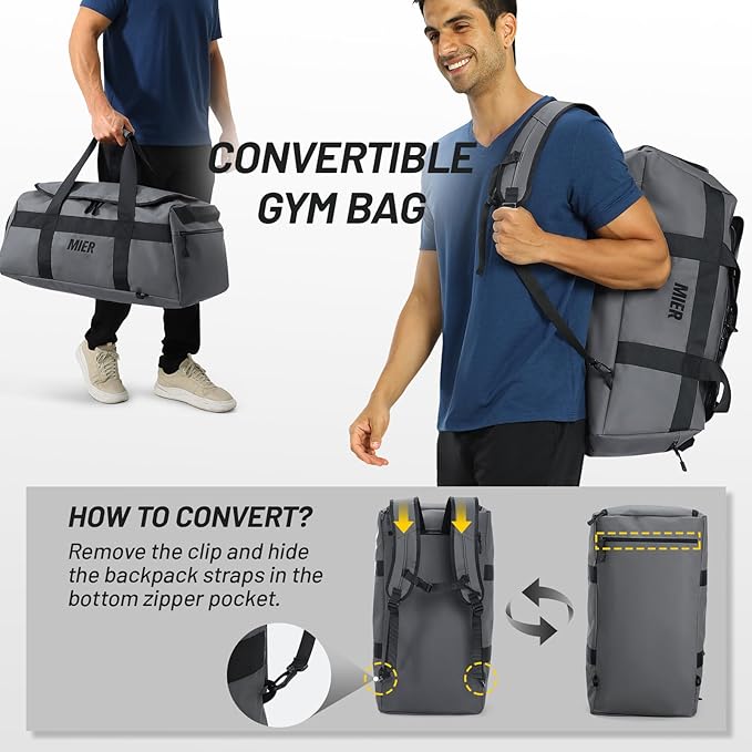 MIER Gym Bag for Men Large Duffel Backpack with Shoe Compartment, 60L Convertible Duffle Bags Weekender Overnight Bag for Gym Sports Travel, Gray
