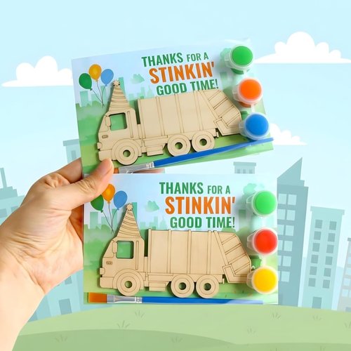 12 Pack Garbage Truck Party Favors for Kids – Individually Wrapped Paint Your Own Wooden Magnet Craft Kits with Thank You Card, Trash Day Birthday Supplies for Boys & Girls