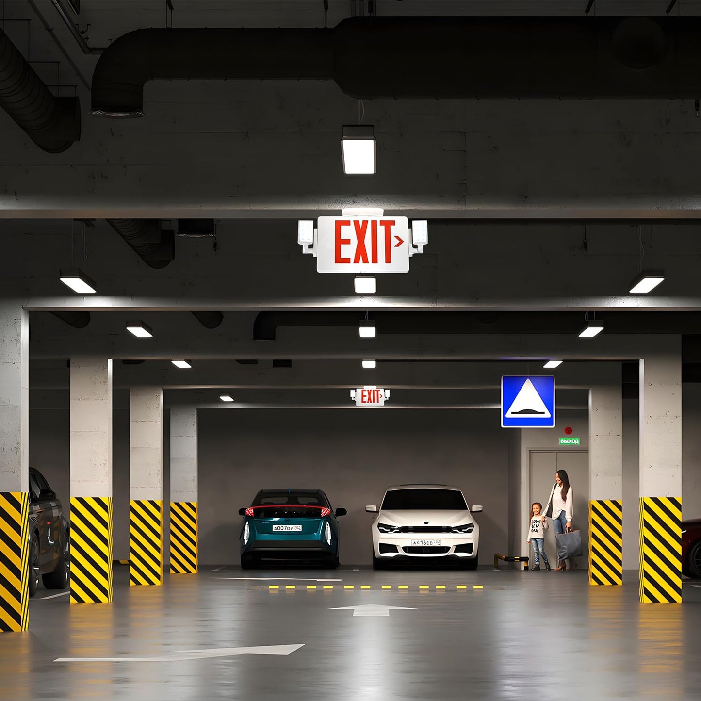 Gruenlich LED Combo Exit Sign, Emergency Light with 2 Adjustable Heads and Double Face, Back Up Batteries- US Standard Red Letter EXIT, UL 924 Qualified, 120-277 Voltage, 1-Pack