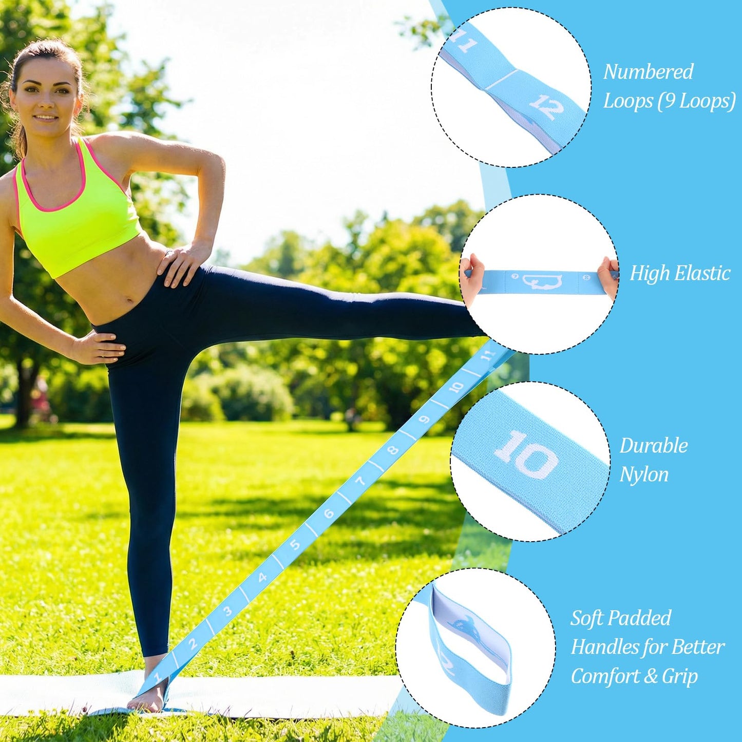 Elastic Yoga Stretching Strap with 12 Loops, Multi-Functional Stretch Band for Pilates with 12 Loops, Stretch band Yoga Strap with Loop for Dance, Gymnastics, Flexibility & Resistance Training, Ballet