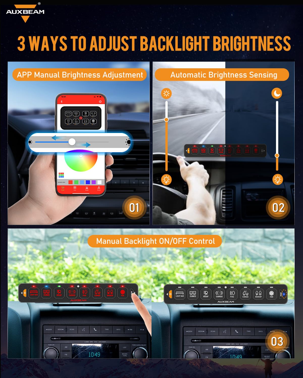 Auxbeam 8 Gang Slim Switch Panel Bluetooth RGB AS-800 with APP&Remote Control Toggle Momentary Pulsed 80A Switch Pod Off Backlight for 12-24V Truck Offroad UTV ATV Car Marine, 3 Years Warranty