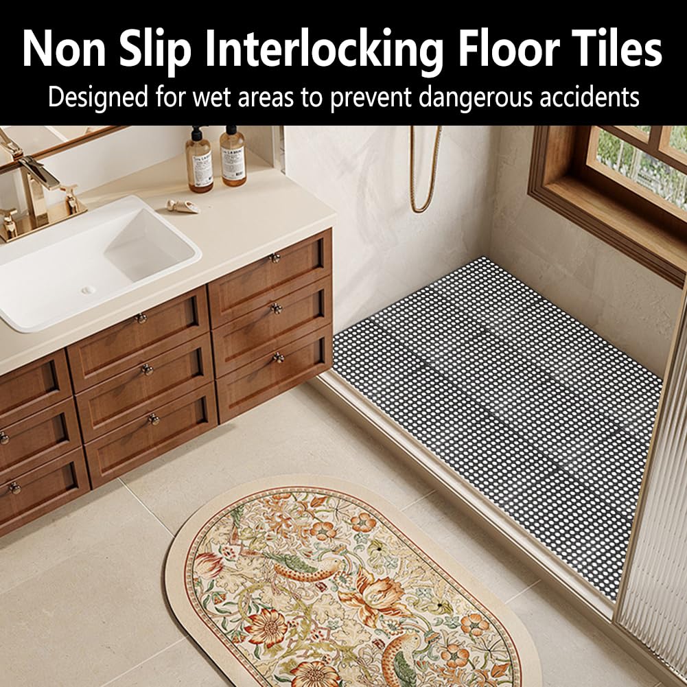 30 Pack Drainage Interlocking Tiles, 12”x12” Modular Interlocking Floor Tiles with 1 Pc Plastic Hammer Non Slip Rubber Floor mat with Holes for Pool Bathroom Deck Kitchen Patio