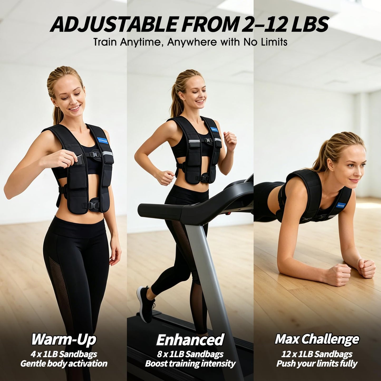 WICTTISPOSI Weighted Vest for Women, 2-12 lbs Adjustable Steel Shot Slim Fit Curvy Workout Vest with Reflective Strips and Phone Armband for Running Walking Fitness