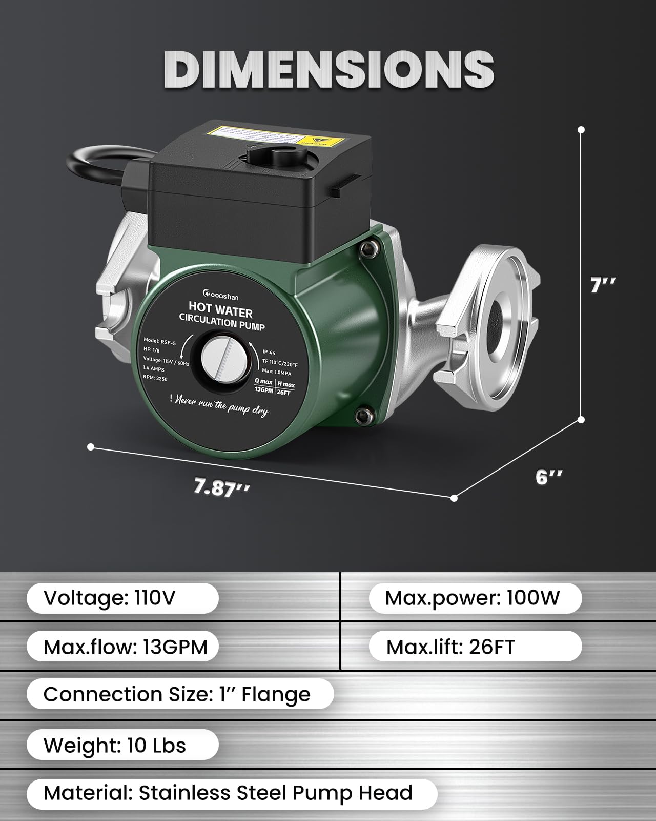 Moonshan 110V Hot Water Recirculating Pump, Stainless Steel Circulator Pump with 1" NPT Flanges, 3 Speed Control for Water Heaters, Boiler and Hydronic Radiant Heating 13GPM, 10FT Cord