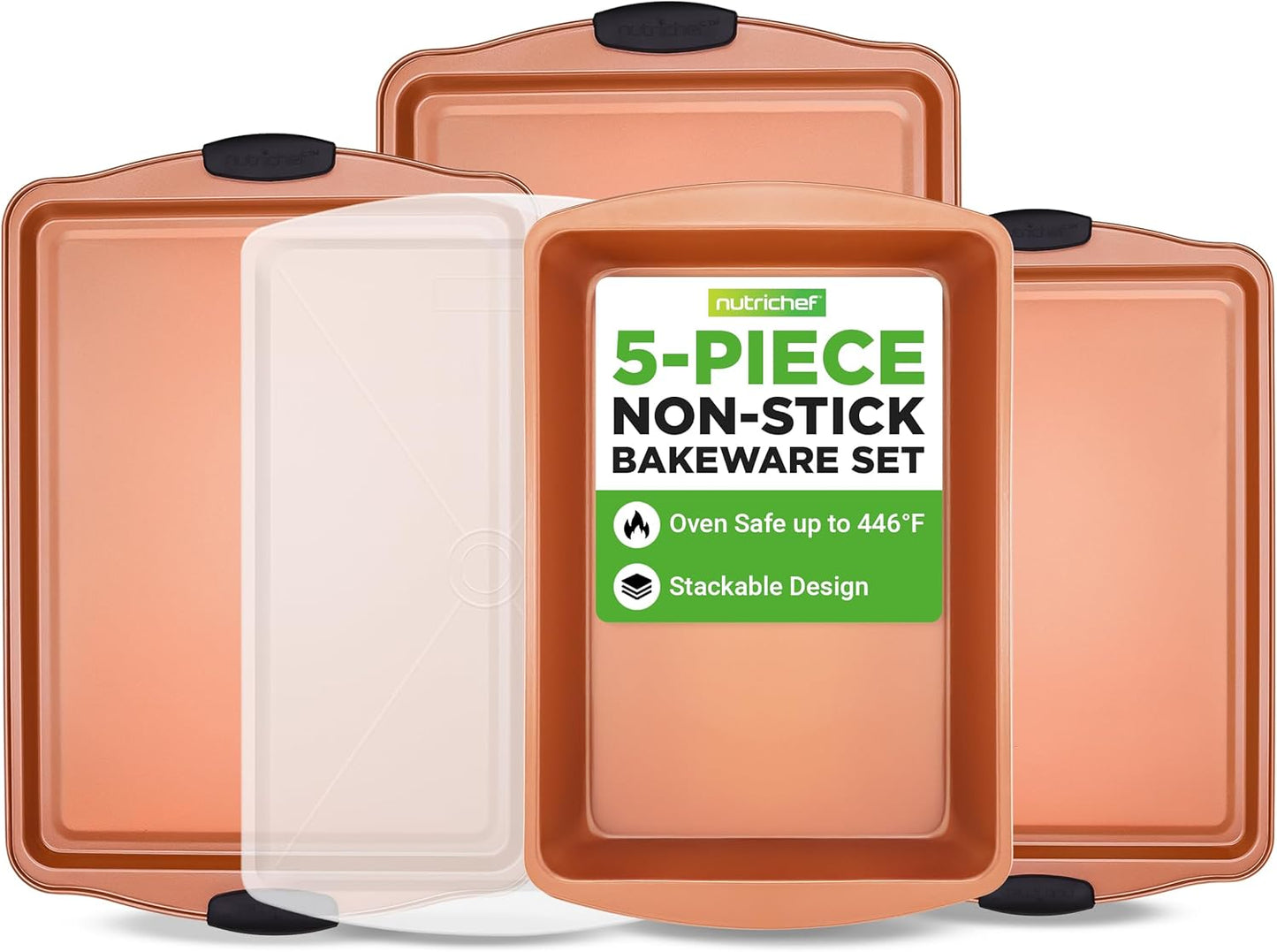 NutriChef 5-Piece Non-Stick Bakeware Set - Premium Carbon Steel Pans with Silicone Handles for Baking & Roasting
