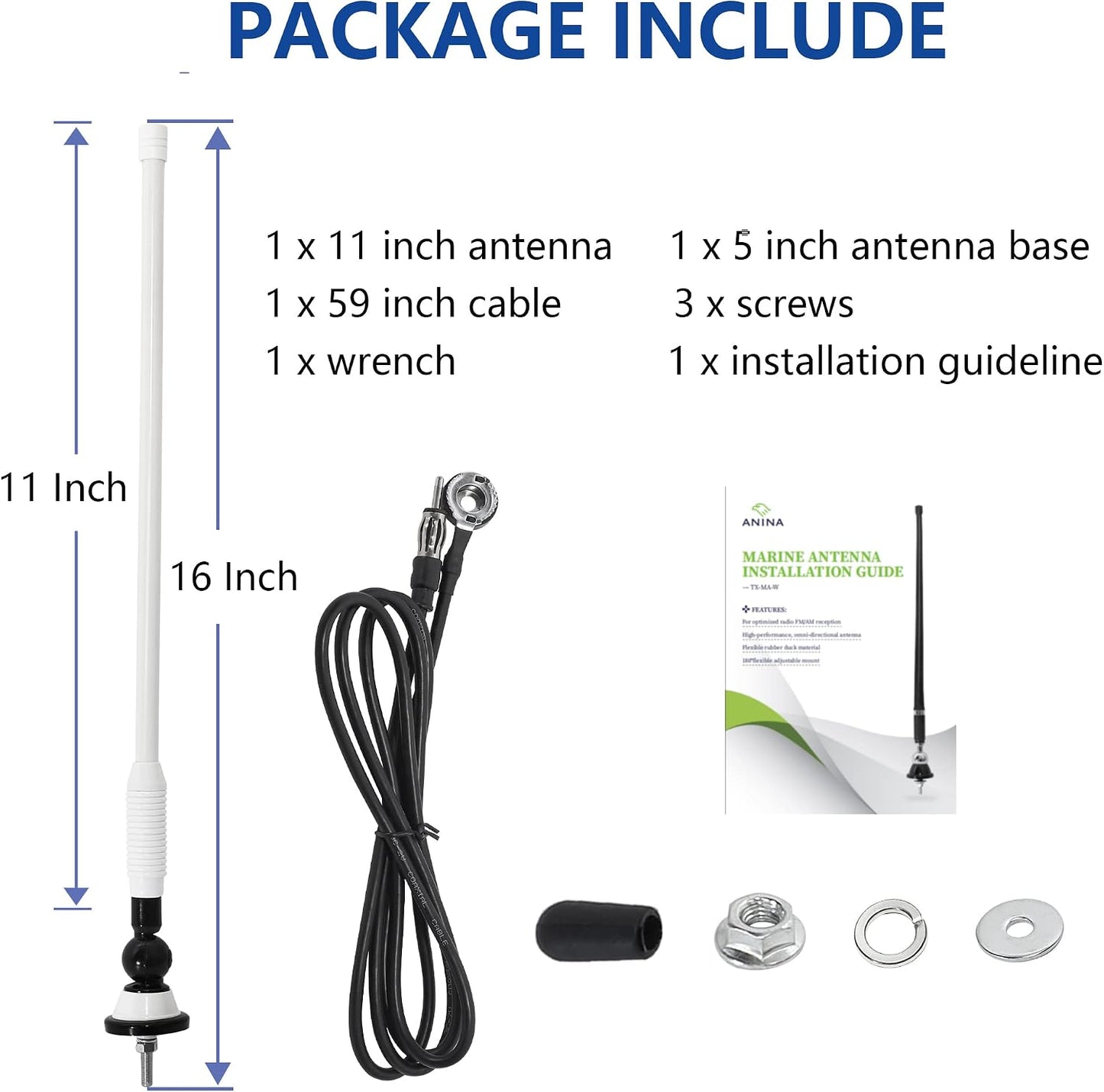 Anina 16 Inch Marine Trailer RV Radio Antenna Rubber Flexible Aerial Mast for Car Truck Boat ATV UTV Caravan Motorhome