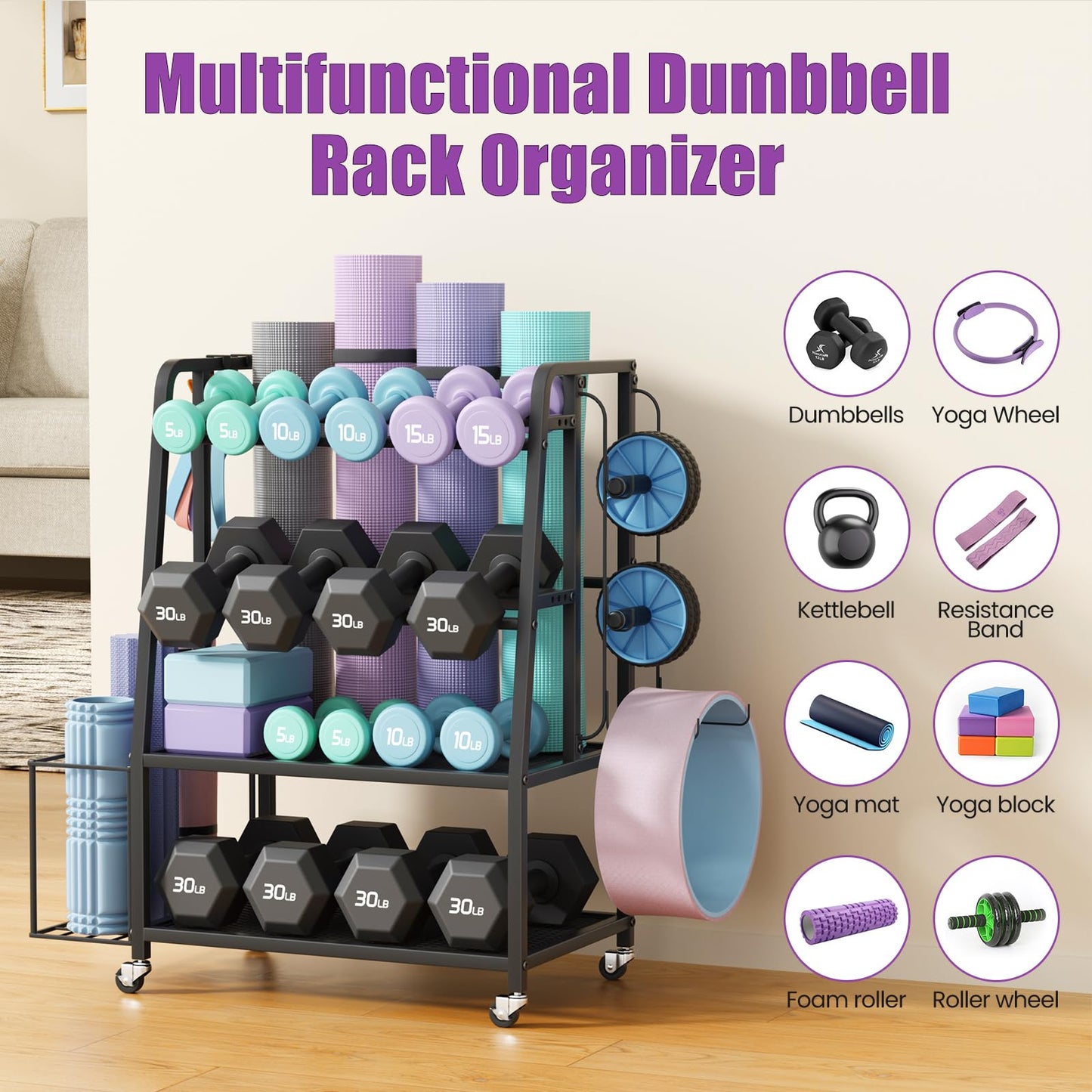 VOPEAK Dumbbell Rack for Home Gym, Adjustable Weight Rack Stand with Wheels, Heavy Duty Steel Storage Organizer for Dumbbells Kettlebells Yoga Mat, with Locking Casters & Side Hooks