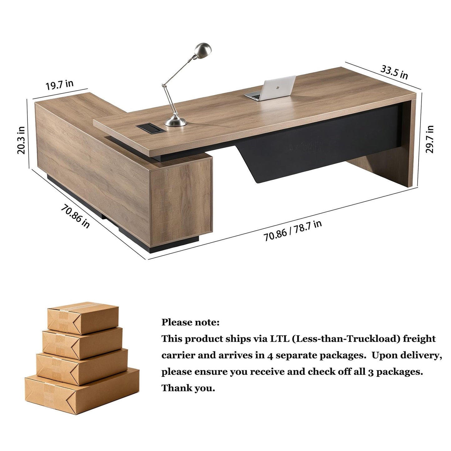 Retractable L-Shaped Executive Desk, Modern Office Desk with Locking Drawers and File Cabinet, Large Computer Desk with Storage Shelves, Workstation for Home Office (Right Return, 70.86 - 78.7 IN)