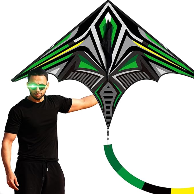 Delta Mecha Kite - for Kids & Adults, Easy to Fly, 36 x 55 Inches, Beginner Kites for Beach Days & Park Fun and Family Outdoor Activities, Cool Kites with Kite String Spool（Green）