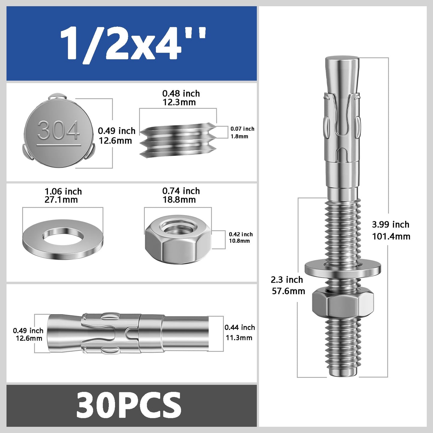 Wensilon 30Pcs 1/2x4 Inch Standard Fasteners for Heavy-Duty 304 Stainless Steel Wedge Anchors for Cement and Concrete