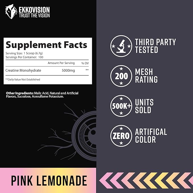 Ekkovision Creatine Monohydrate Powder, Micronized, Pink Lemonade, Pre Workout & Post Workout Supplement for Men and Women, Energy Support, Easy to Mix in Shakes, Smoothies & Beverages, 100 Servings