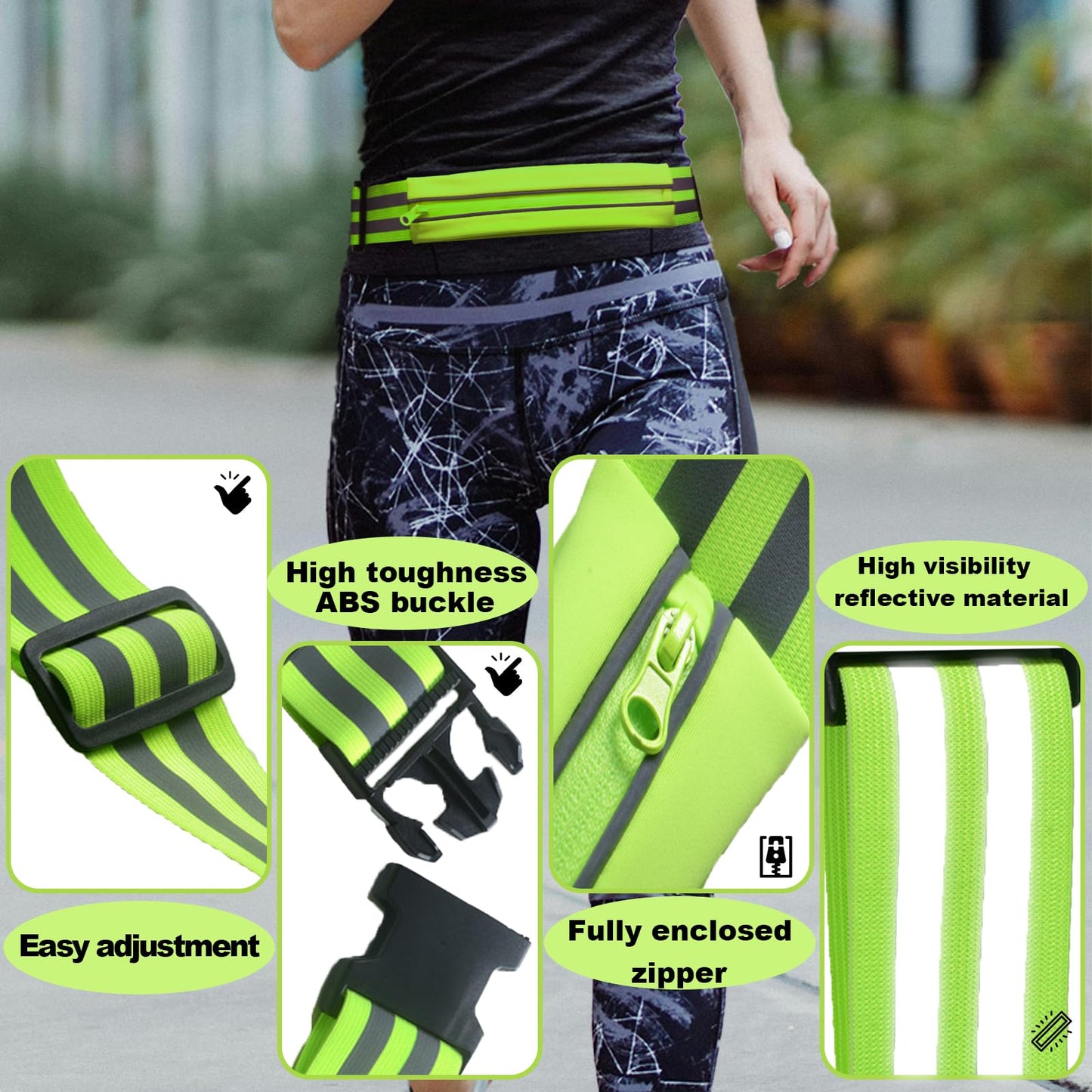 Oeyliz Running Belt Running Phone Belt for Women and Men Phone Holder Runners Pouch Waist Belt Reflective Runners Belt Money Belt Exercise Waist for Workout Jogging Running Gear Accessories (Green）