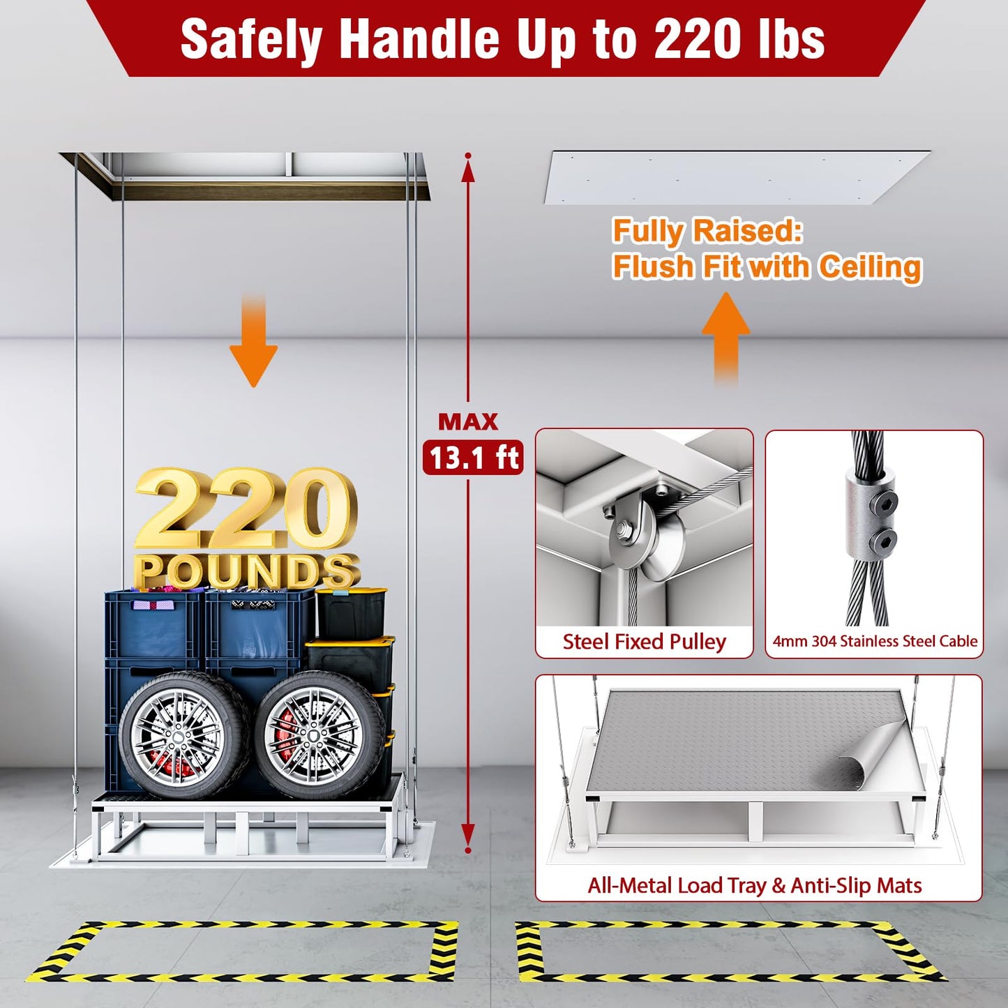 Electric Attic Lift for Garage Storage, Dual Wired/Wireless Remote for Attic Lift, 220 lb Capacity & 13 ft Lift Height, Heavy Duty for Garage & Warehouse