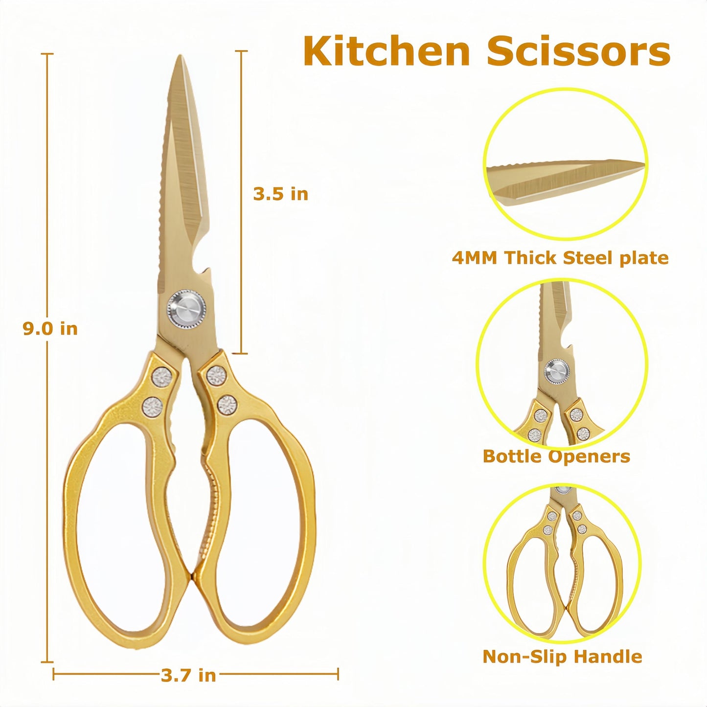 AWinjoy Japanese Gold Kitchen Scissors, Heavy Duty Stainless Steel, Multipurpose Cooking Shears, Dishwasher Safe