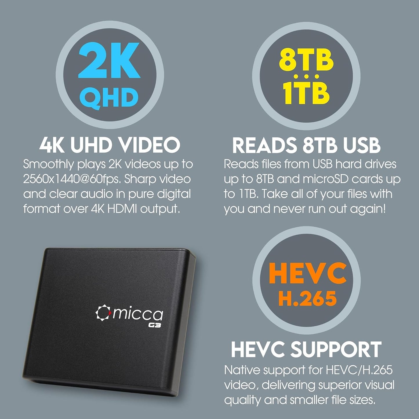 Micca G3 2K H.265/HEVC H.264/AVC MP4 MP3 4K Quad-HD Digital Media Player for USB Drives and MicroSD Cards, Digital
