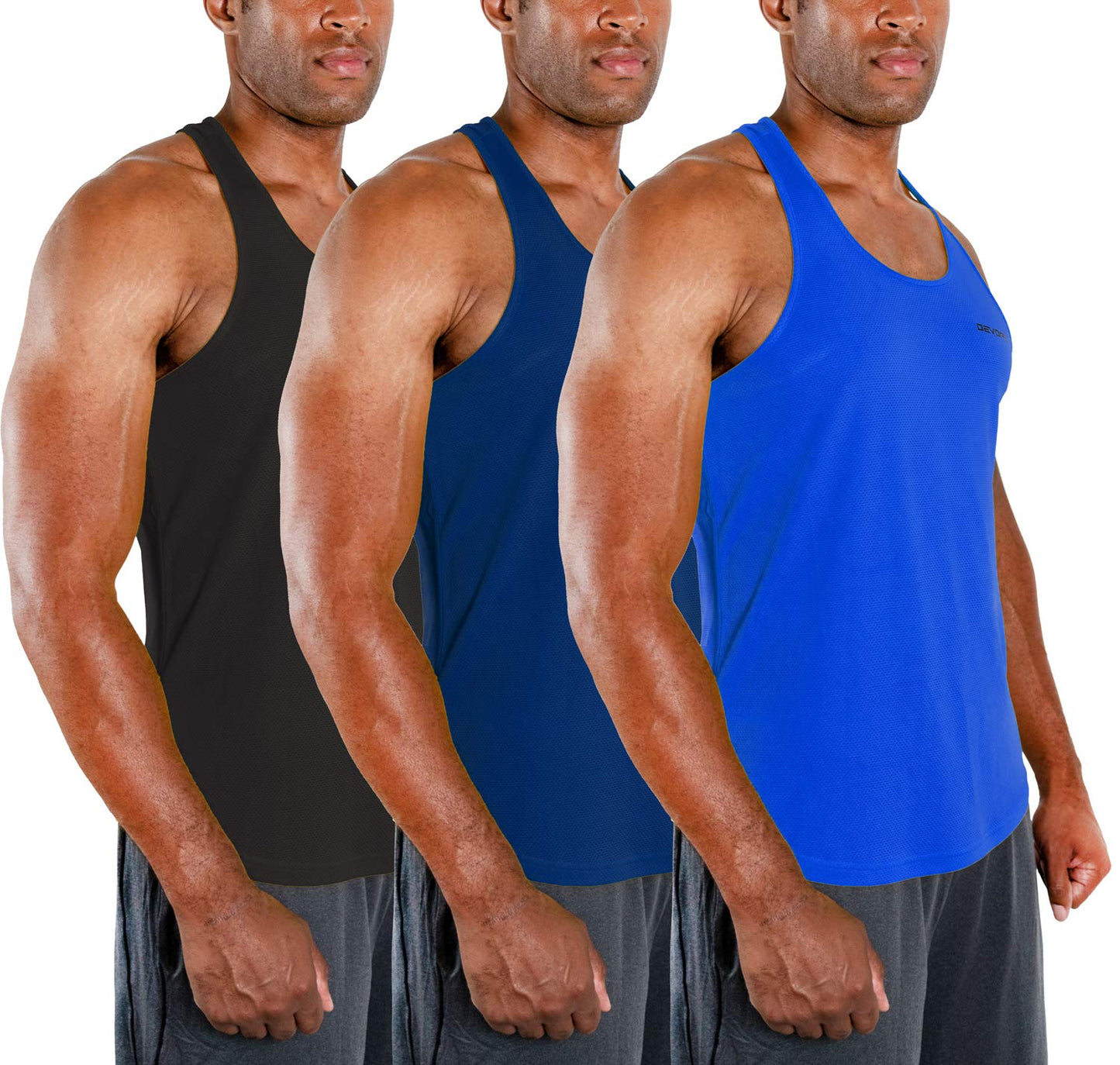 DEVOPS 3 Pack Men's Y-Back Dry Fit Muscle Gym Workout Tank Top (Large, Black/Navy/Blue)