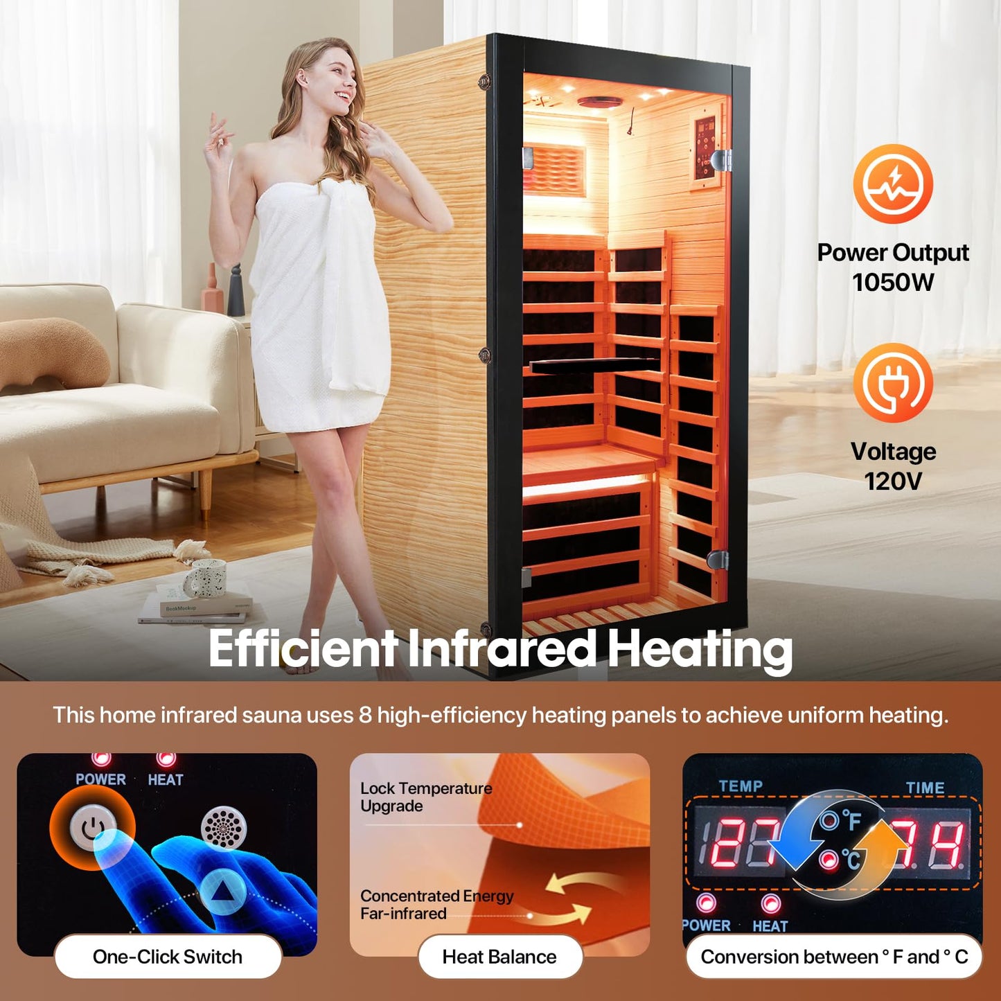 OUTEXER Sauna One Person Infrared Saunas Room Chilean Pine Wood 1050W Dry Saunas Spa with 7 Color Starry Sky Light Oxygen Bar Cup Holder 30.7x30.7x62.2inch