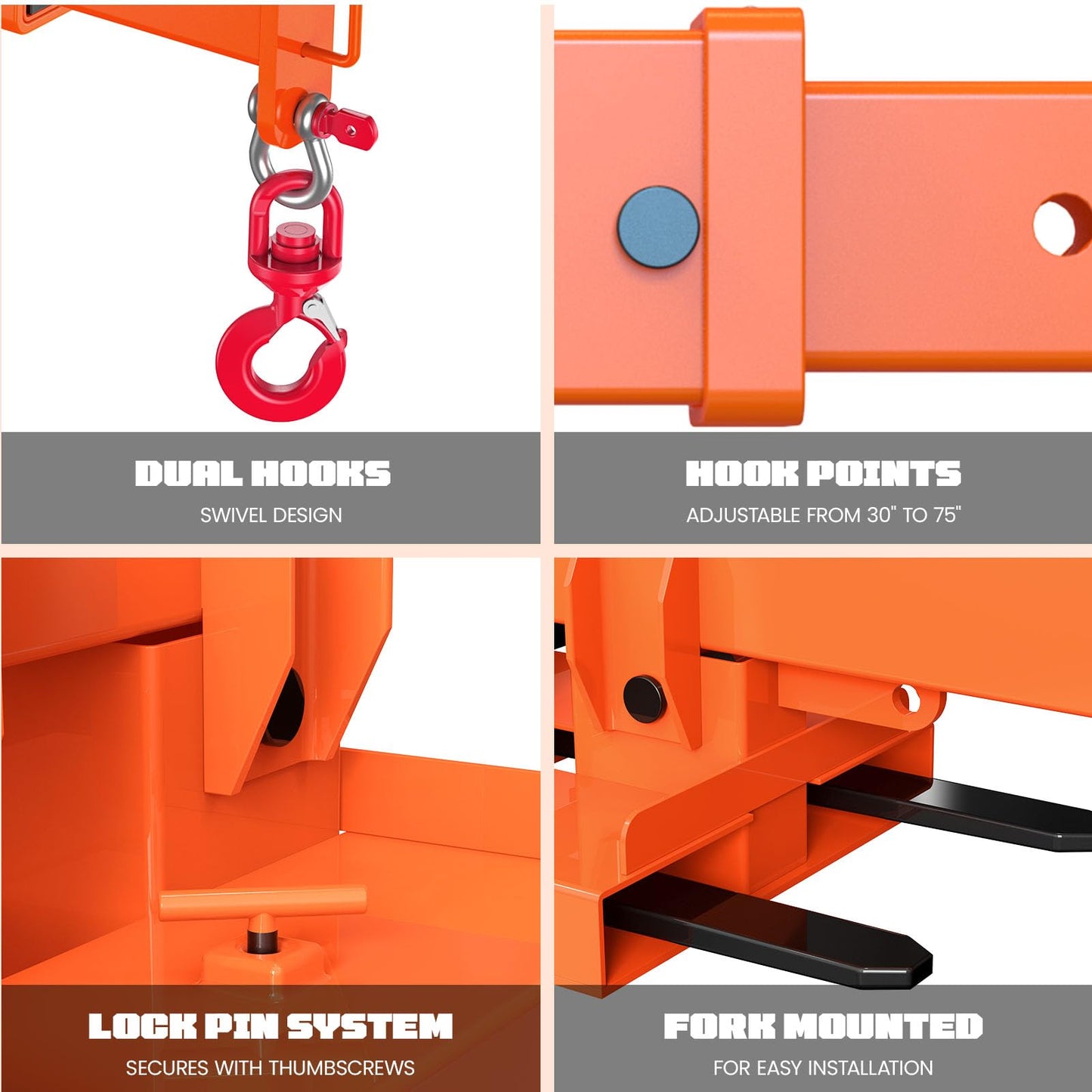 Jib Crane 5511 Lbs Forklift Boom Lift Fork Mounted Crane Attachment with Adjustable Holes Heavy Duty Steel Construction 2 Swivel Hooks 3 Angle Adjustment 28”to 79.92”