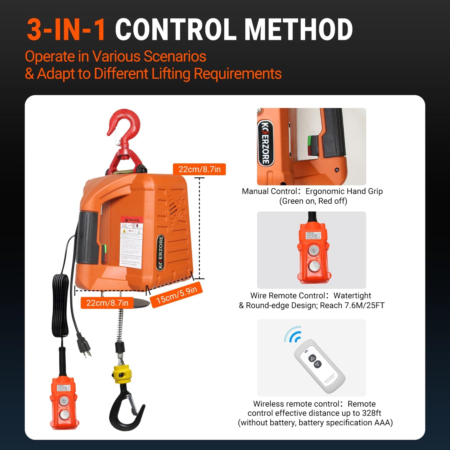 KOERZORE 110V Electric Hoist Winch 1100Lbs Capacity 25ft Lift Height Portable Power Winch for Garage, Workshop, ATV & Drywall Lifting&Compact Electric Chain Hoist