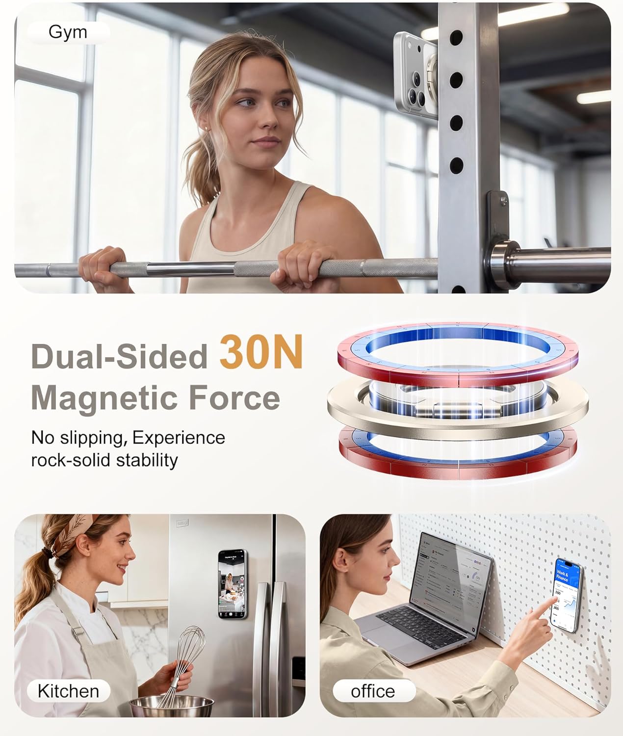 CAPRARO 360 17/16/15/14/14 Magnetic Phone Ring Holder for MagSafe, Dual-Side Magnetics, Rotation Gym Phone Stand Grip