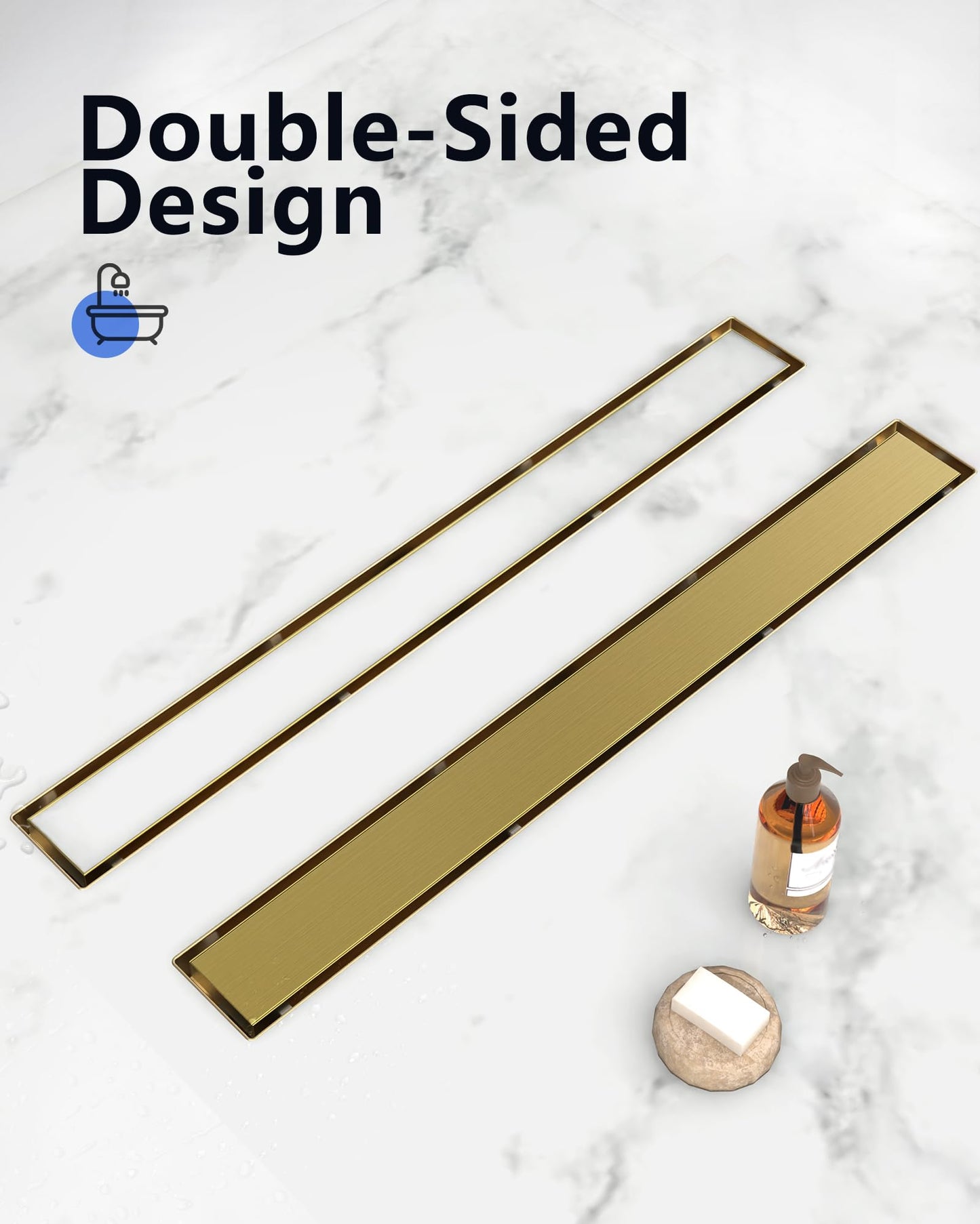 YEFU Gold Linear Shower Drain for Bathroom: 42 Inch Shower Drain with Tile Insert Grate - 304 Stainless Steel Rectangle Linear Drain - 2-in-1 Brushed Gold Shower Floor Drain