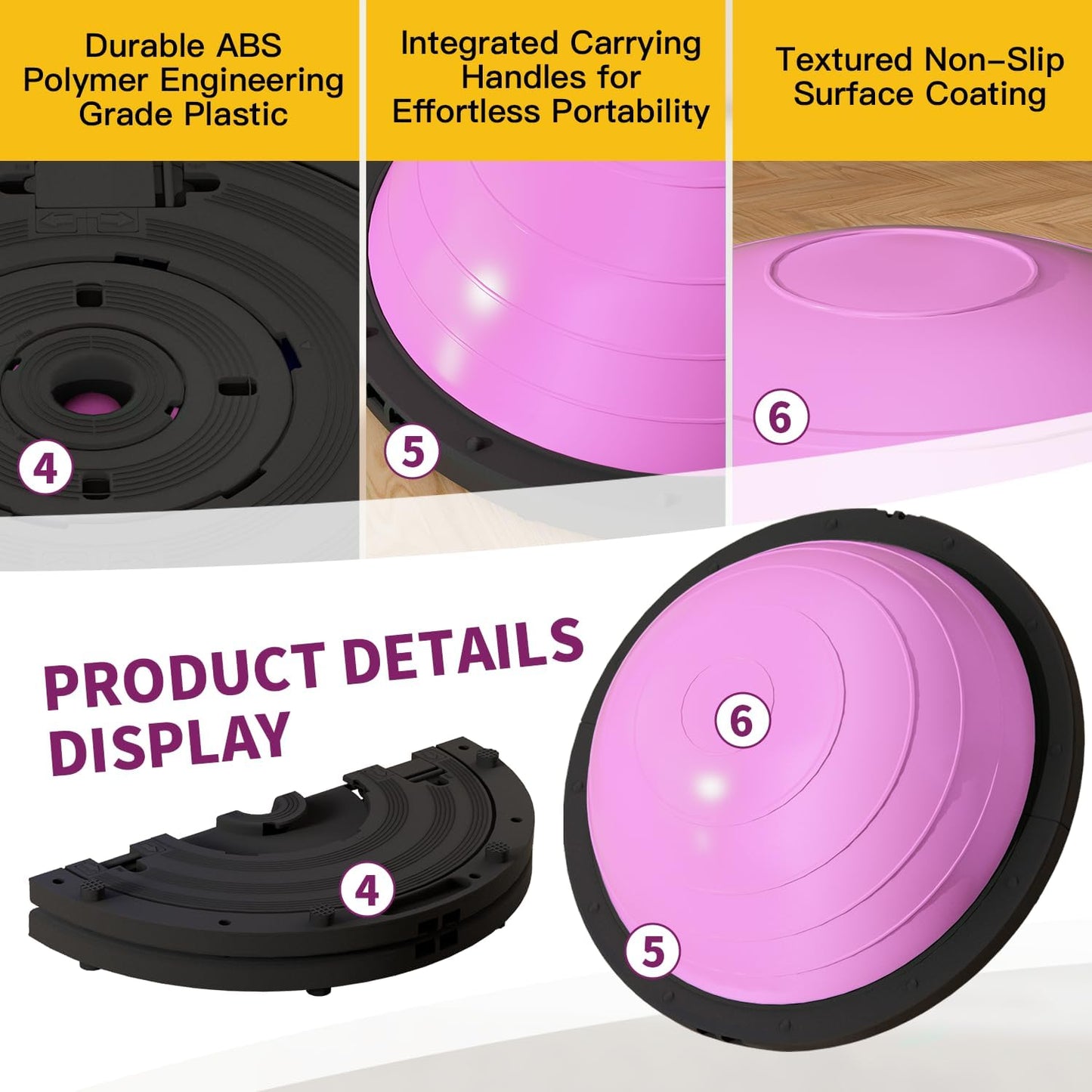 VTORY Foldable Balance Ball, Upgrate Half Ball Balance Trainer for Workout, 1300 lbs Capacity Stability Ball, 23.5 Inch Yoga Half Ball, with Resistant Band & Foot Pump, Full Body Workout, No-Slip Pink