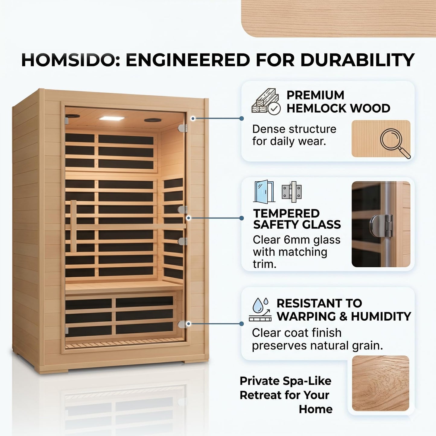 2 Person Far Infrared Sauna for Home, Canadian Hemlock Wood Infrared Sauna, 1800W Low EMF Sauna with 8 Mica Heating Panels, Bluetooth, FM Radio, Color Light Therapy, Indoor Home Spa Sauna