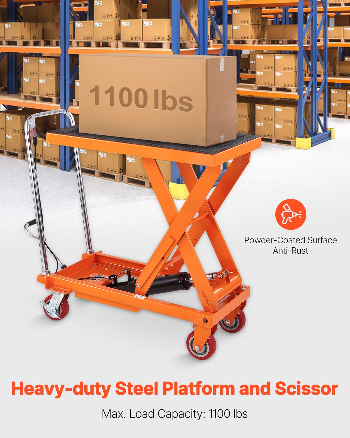 VEVOR 1100 LBS Hydraulic Lift Table Cart with 11"-35.4" Lift Range, Hydraulic Scissor Cart with Non-Slip Pad & 4 Wheels, Manual Single Scissor Lift for Material Handling and Transportation
