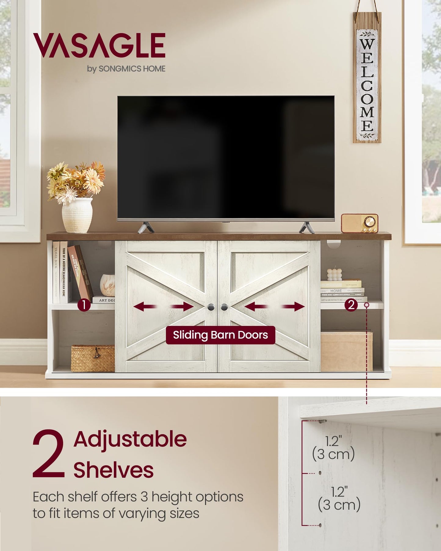 VASAGLE Farmhouse TV Stand for TVs up to 65 Inches, Entertainment Center with Storage Cabinets and Sliding Barn Doors, Media Console Table for Living Room, Rustic White and Honey Brown ULTV535W01
