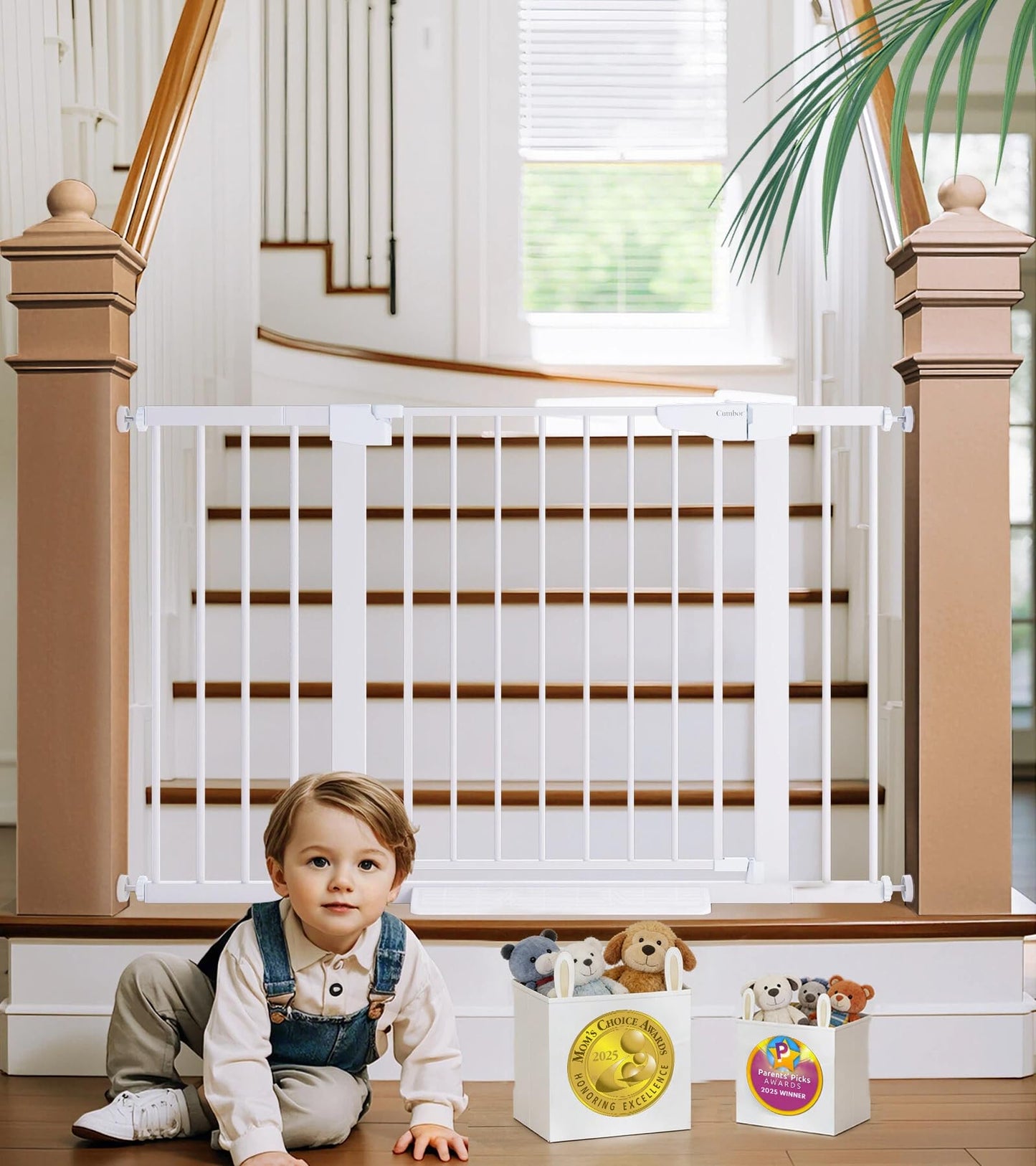 Cumbor 29.7-48" Baby Gate for Stairs, Mom's Choice Awards Winner-Dog Gates for Doorways, Auto Close Safety Pet Gate for Dogs Indoor, Easy Install Pressure Mounted Child Gate with Walk Thru Door, White