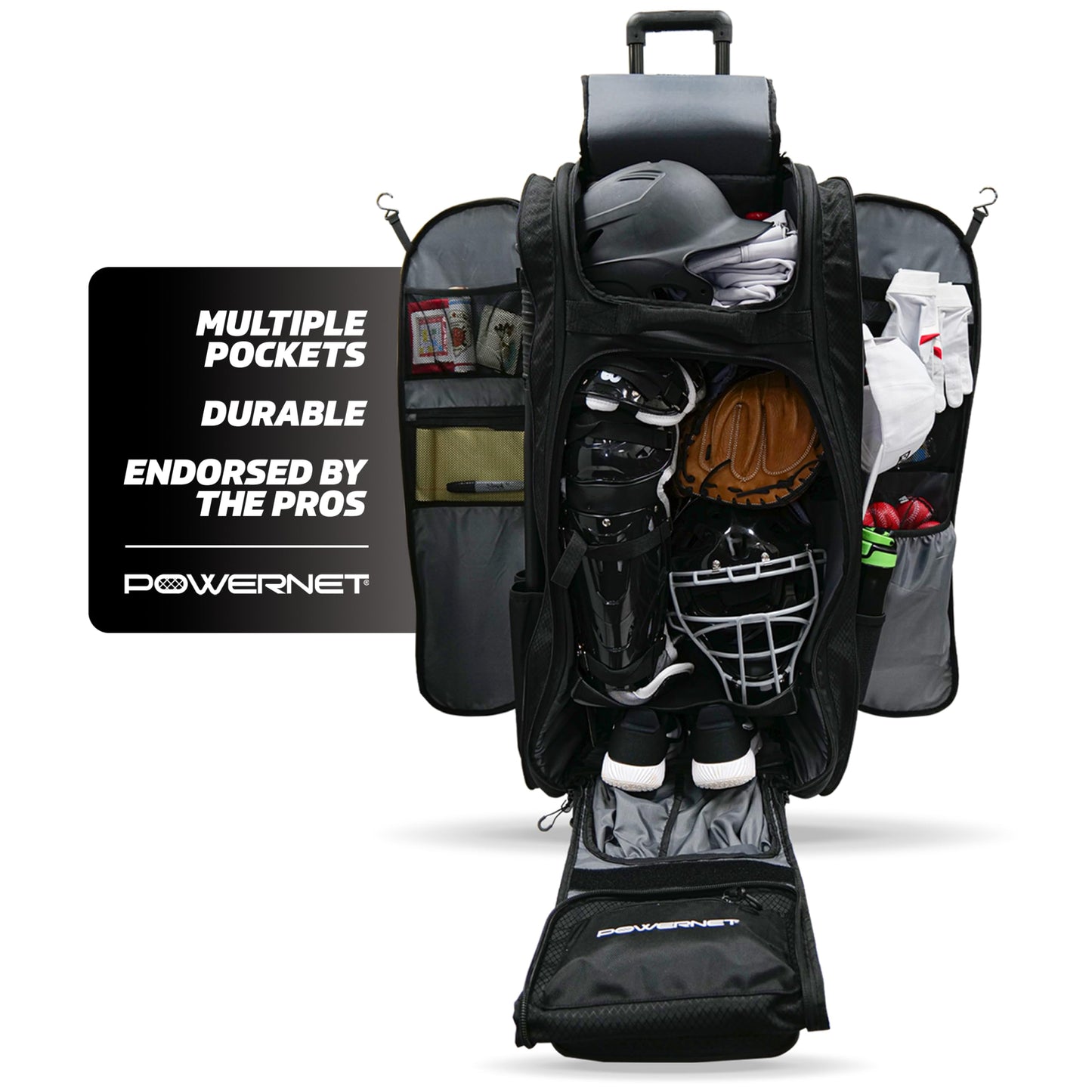 PowerNet Optimus Catcher's Bag, Rolling Equipment Bag Holds All Baseball & Softball Gear, 7 Internal Bat Sleeves, Cleat Compartment, Personalization Panel & Hooks