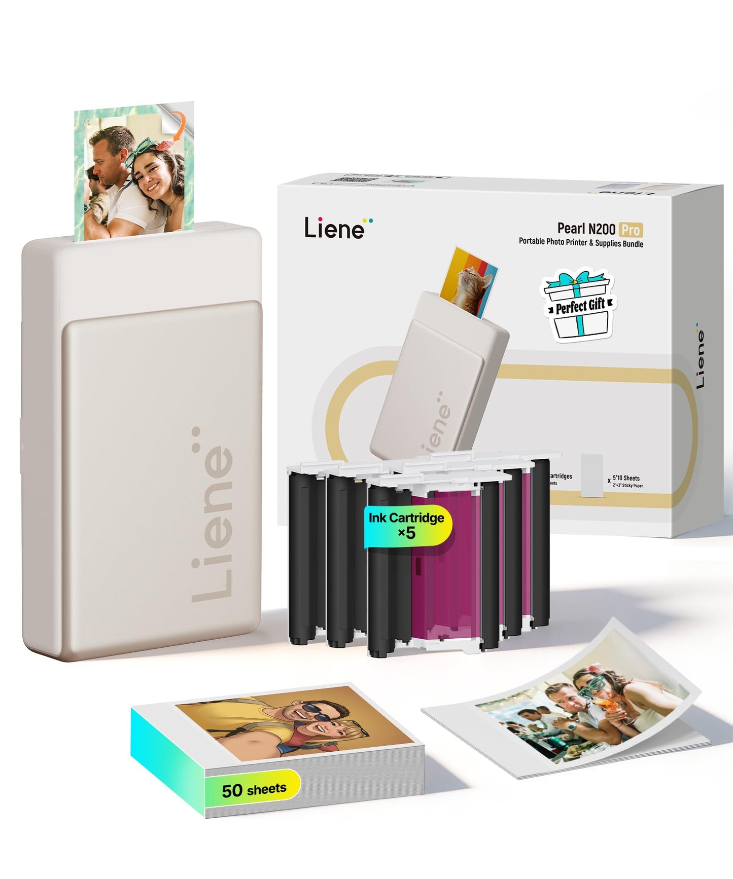 Liene Pearl N200 Pro Portable AI Photo Printer, Instant Mini Picture Printer for iPhone Smartphone, Thermal Dye Sublimation, Bluetooth Sticker Maker 50 Sheets 2x3 Adhesive Paper & 5 Cartridges, Gold
