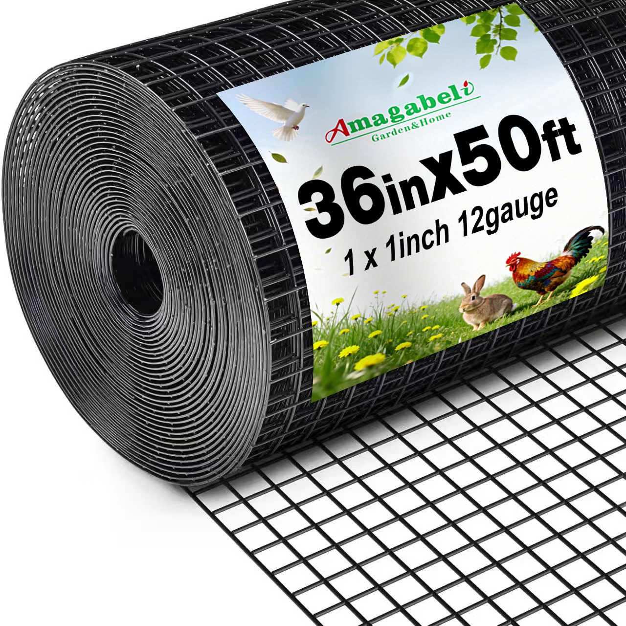 Amagabeli Black Hardware Cloth 1 x 1 inch 36inch x 50ft Heavy Duty PVC Vinyl Coated Wire Mesh Roll Weld Wire Fence Chicken Wire 12 Gauge Garden Fence Chicken Coop Fencing Gopher Rabbit Tree Guard