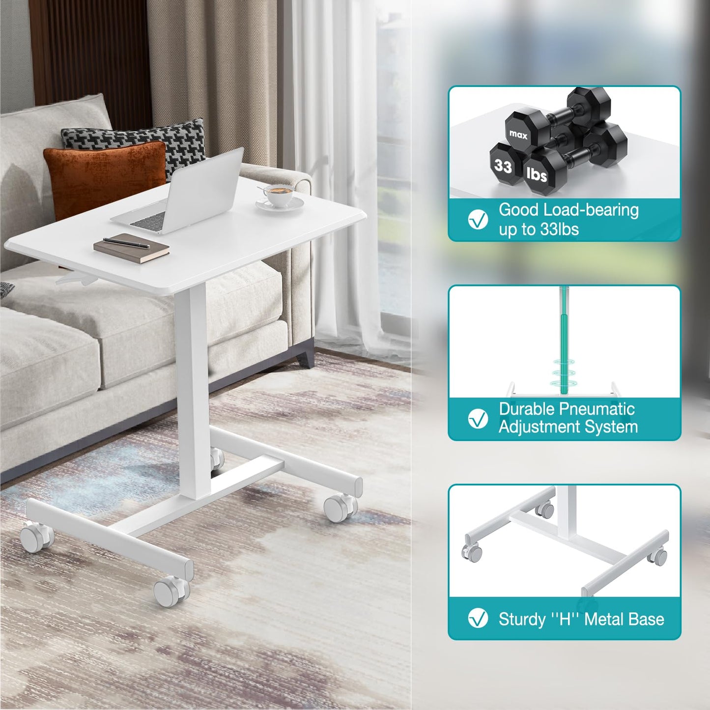 DUMOS Small Standing Desk Mobile Portable Rolling Laptop PC Table on Wheels Adjustable Height Computer Workstation for Home Office Small Space, 19 Inch, White