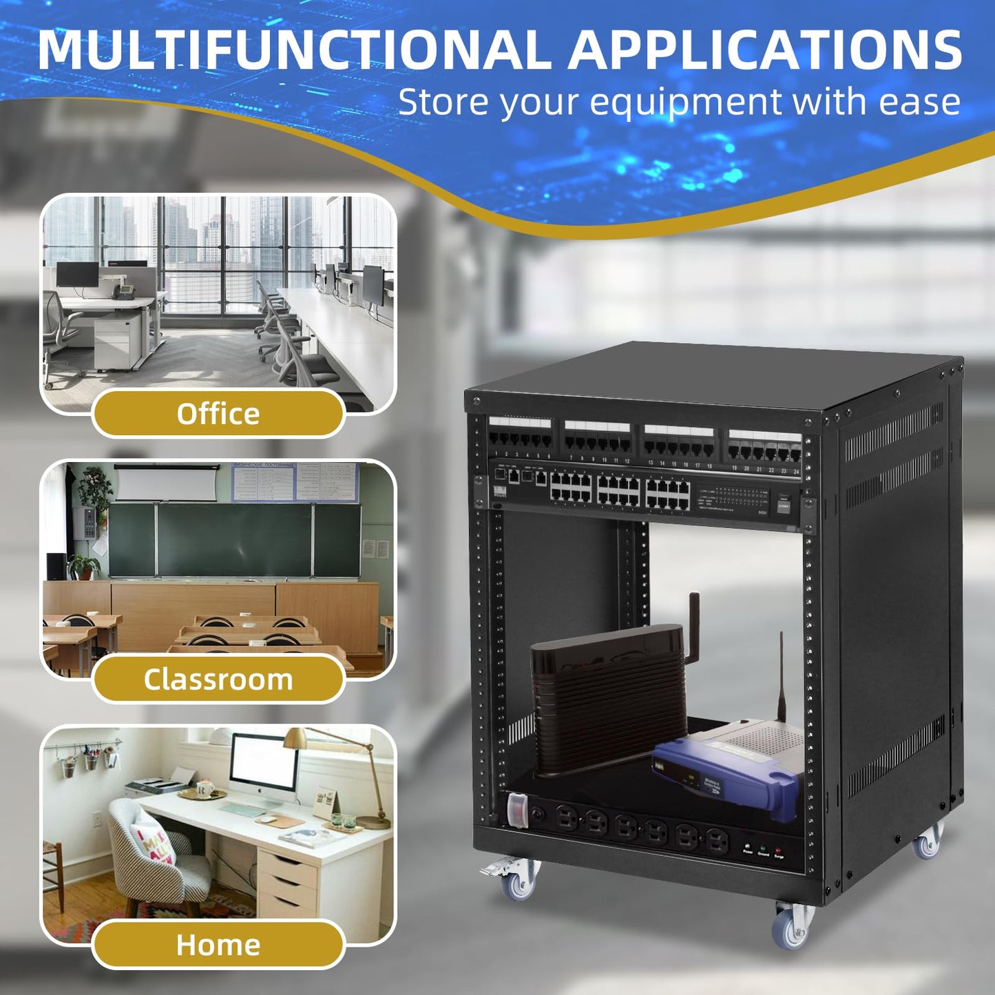 12U Rack with Caster Wheels, Heavy-Duty AV Rack with Adjustable Steel Shelf, Open Frame Server Rack for IT, AV, Data & Computer Equipment, 500lb Capacity, 19.7" W x 17.7" D x 26.8" H