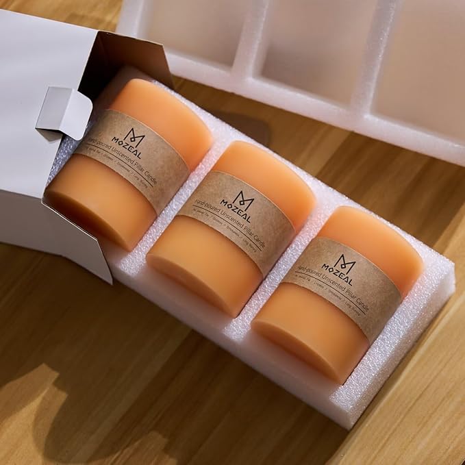 MOZEAL 3" x 6" Hand-Poured Unscented Candle, Dripless Pillar Candle Set of 3, Long Lasting Burning, Approx 120 Hours Burn Time, Rustic Country Style, for Summer Soirees, Peachy Atmosphere, Peach Fuzz