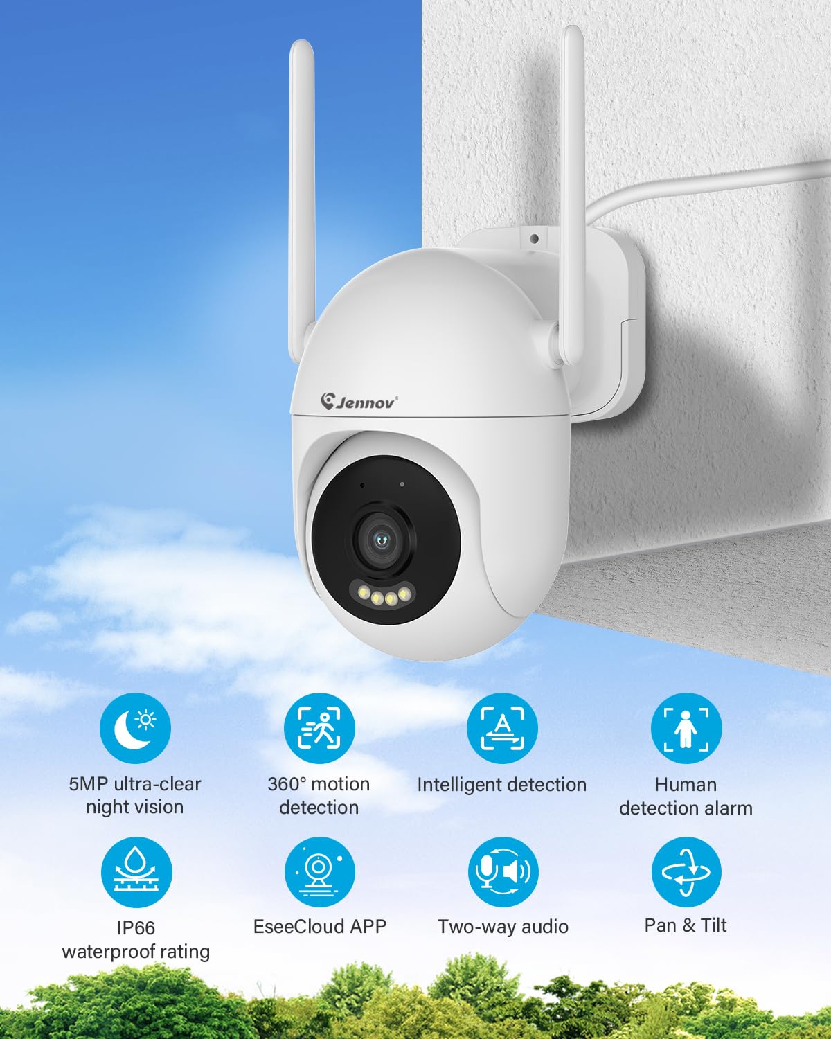 Jennov 5MP Wireless Security Camera System with Monitor, 4 Outlet-Powered WiFi Cameras, 10CH NVR with 500GB HDD, Night Vision, Motion Detection, IP66, No Subscription, Indoor Outdoor