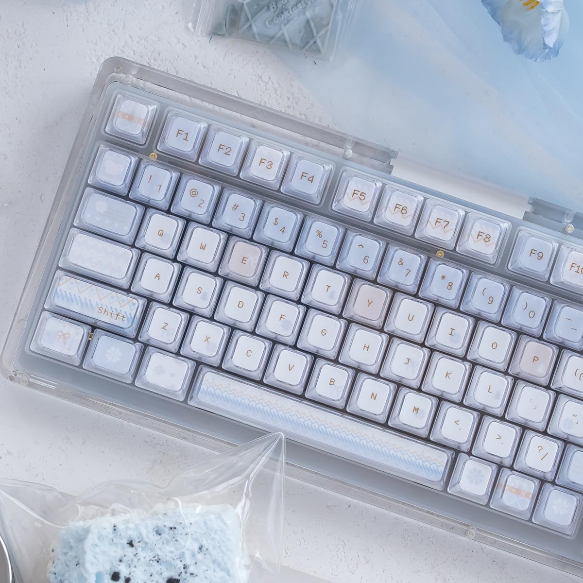 SUEHIODHY 123 Set, 61/68/84/87/98/100 Crystal Jelly Keycaps, Blue White Translucent Keycaps, Keys Custom KDA Profile