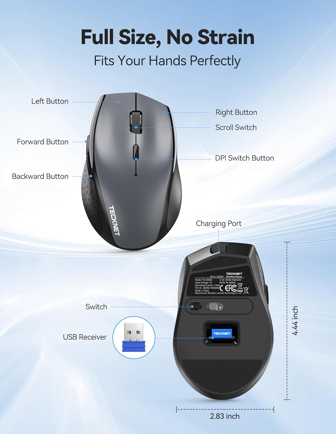 TECKNET Computer,2.4G Wireless,6 6400 Wireless Mouse Rechargeable,Mouse for Laptop USB Computer Mice Button DPI