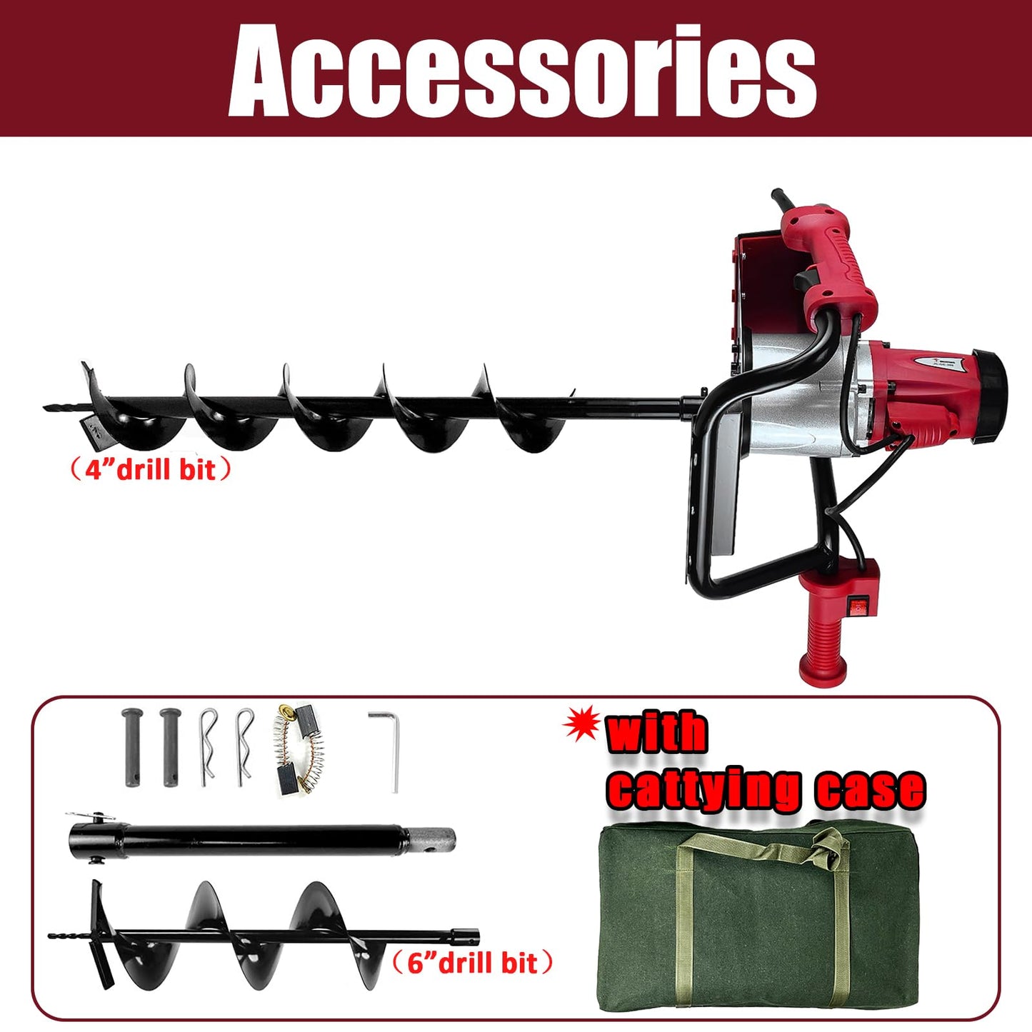 JKCHENPRO 1500W Electric Post Hole Digger - 6" & 4" Earth Auger with Reverse Function, Carry Bag & Durable Auger Bit for Fencing, Gardening