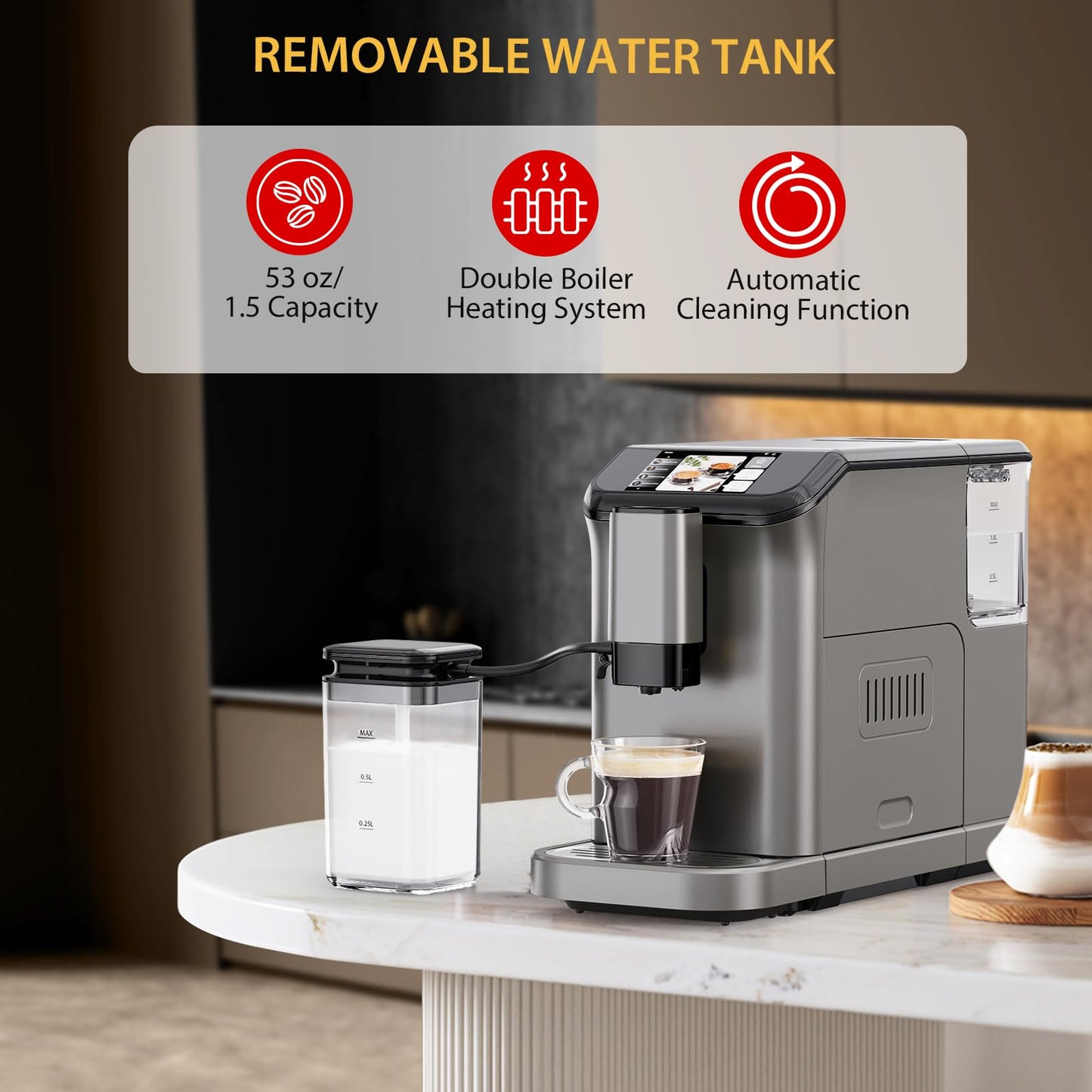 Super Automatic Espresso Machine & Coffee Maker, 20Bar Pressure, Built-in Conical Burr Grinder & Milk Frother, 6 One-Touch Recipes, Auto Clean, 1.5l Water Tank, for Home Office, 120v, Grey