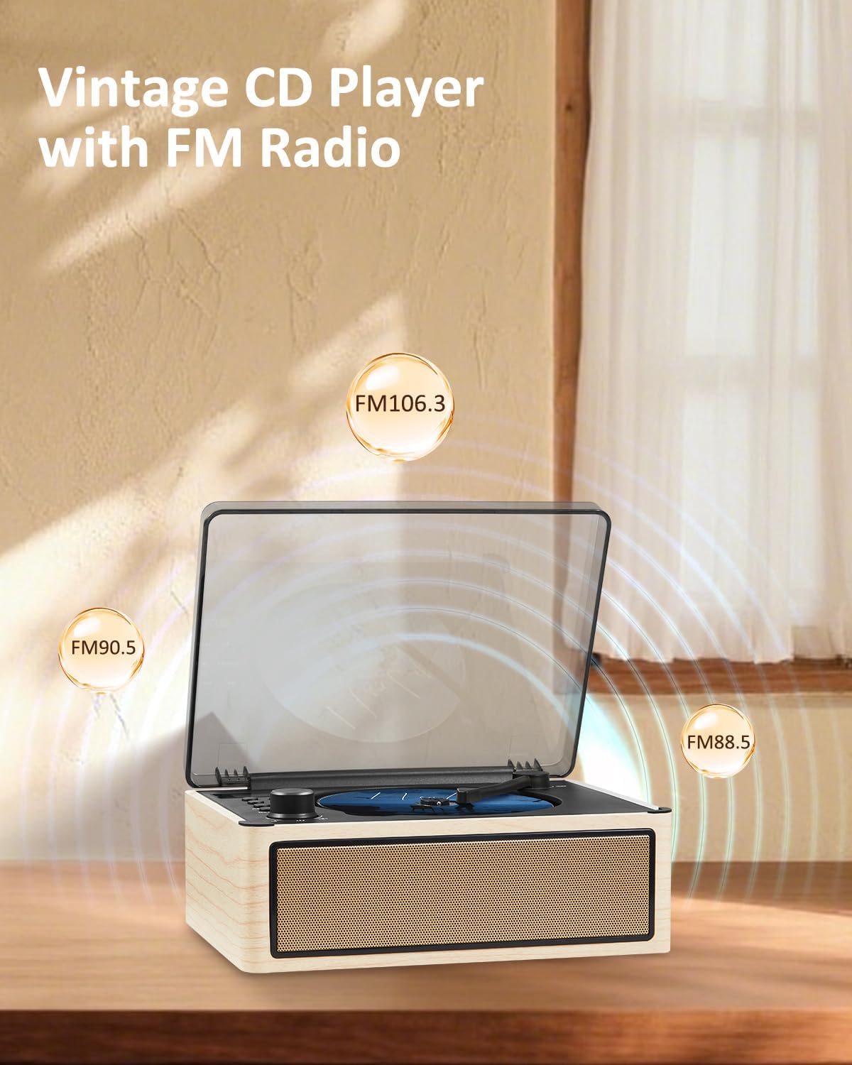 Gelielim Retro CD Player Boombox, Desktop CD Player with Bluetooth in/Out, Rechargeable Battery, HiFi Speakers, Wooden