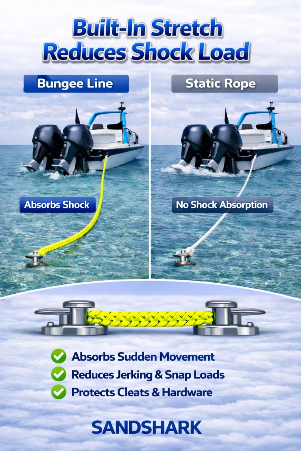 SandShark Premium Anchor Bungee Dock Line. Boat Accessories Anchor Line Absorbs Shock to Anchors and Docks w/Stainless Steel Clip - Neon Green - 7-14ft