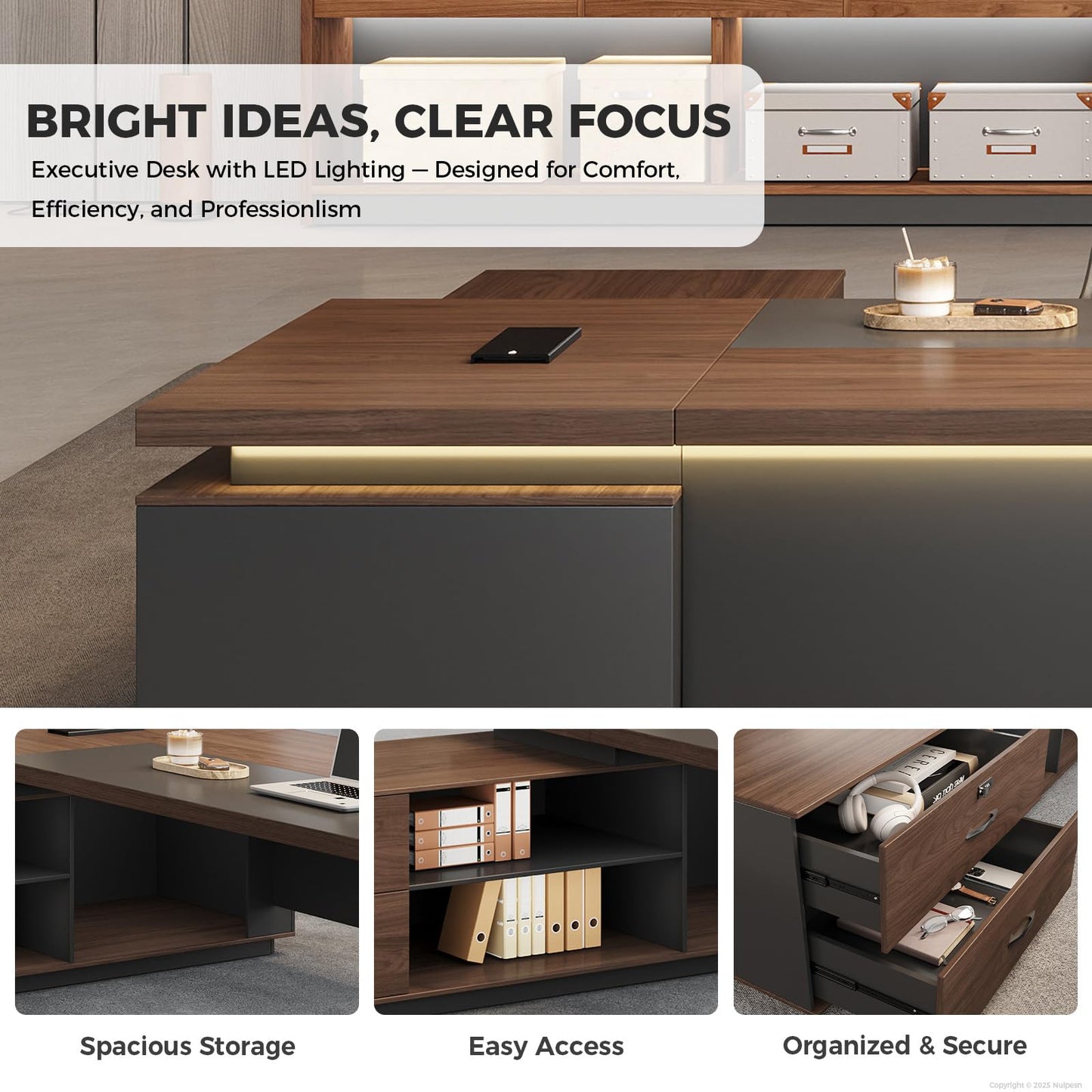 Nuipesn 71-Inch Reversible L-Shaped Executive Desk with Power Outlet & LED Lighting, Large Modern Office Desk with Drawers & Storage Shelves for Home & Office, Red Walnut & Iron Gray