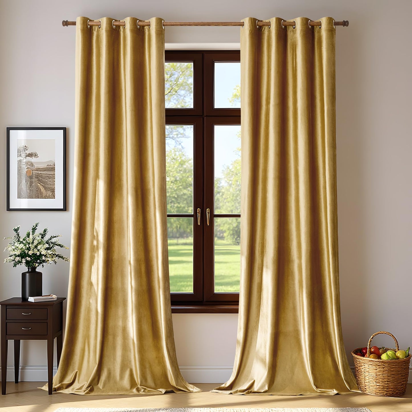BULBUL Velvet Gold Curtains 120 inch Length- Living Room Blackout Thermal Window Drapes Darkening Decor Grommet Curtains for Bedroom Set of 2 Panels