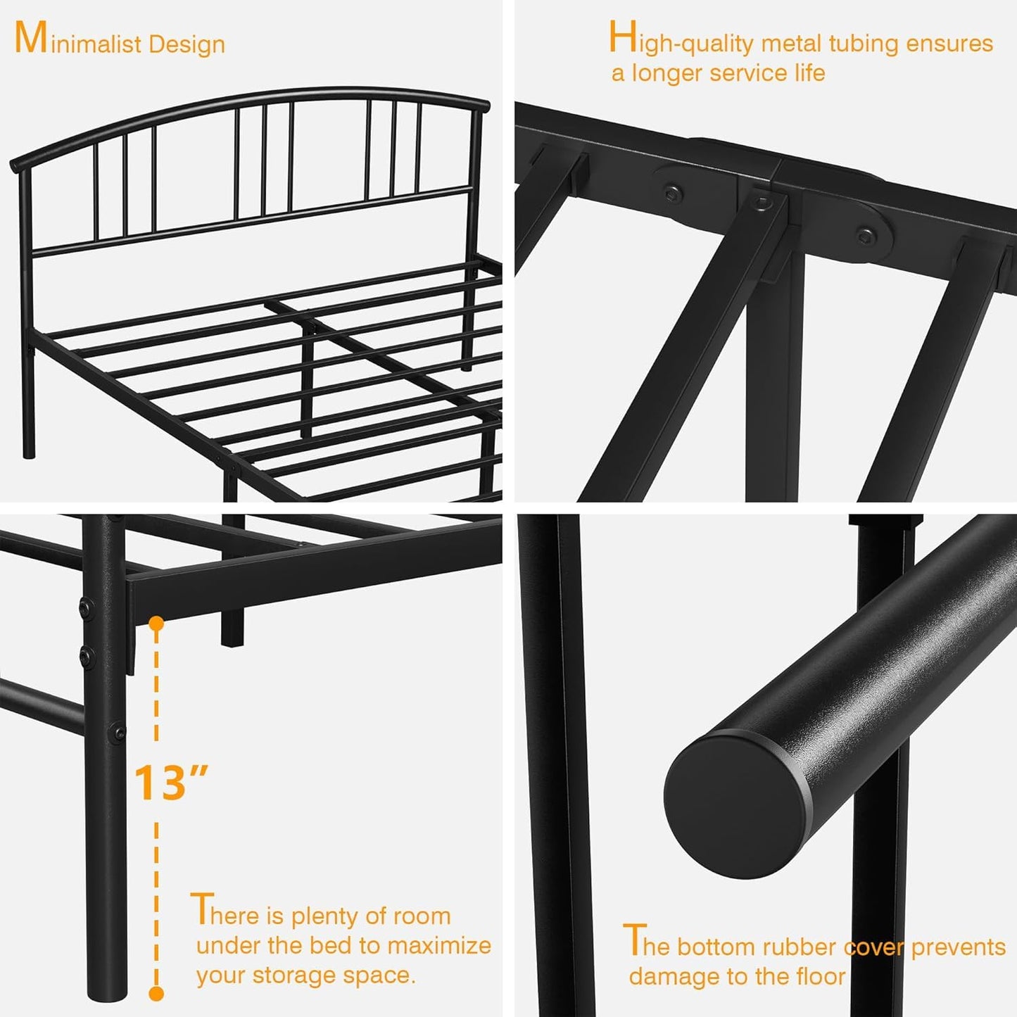 VECELO Queen Mattle Black Bed Frame with Headboard and Footboard, 14 Inch Metal Platform Mattress Foundation, Sturdy Premium Steel Slat/No Box Spring Needed