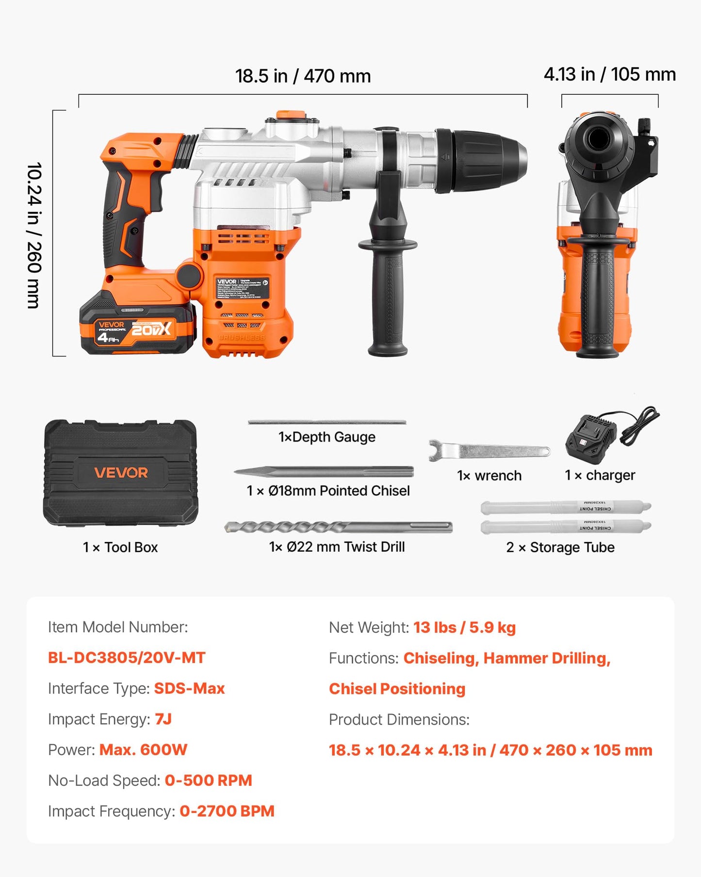 VEVOR Rotary Hammer Drill, 1-9/16 in SDS-Max Cordless, Heavy Duty 20V Battery Powered Rotary Hammer, Including 2 Batteries, Charger, Drill Bit, Pointed Chisel, Carrying Case, for Concrete, Masonry
